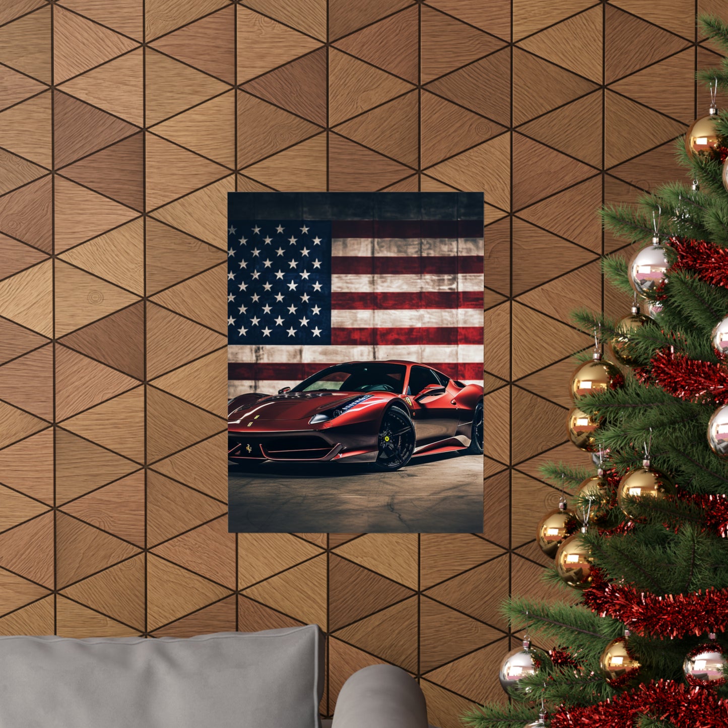 Premium Matte Vertical Posters American Flag Background Ferrari 4