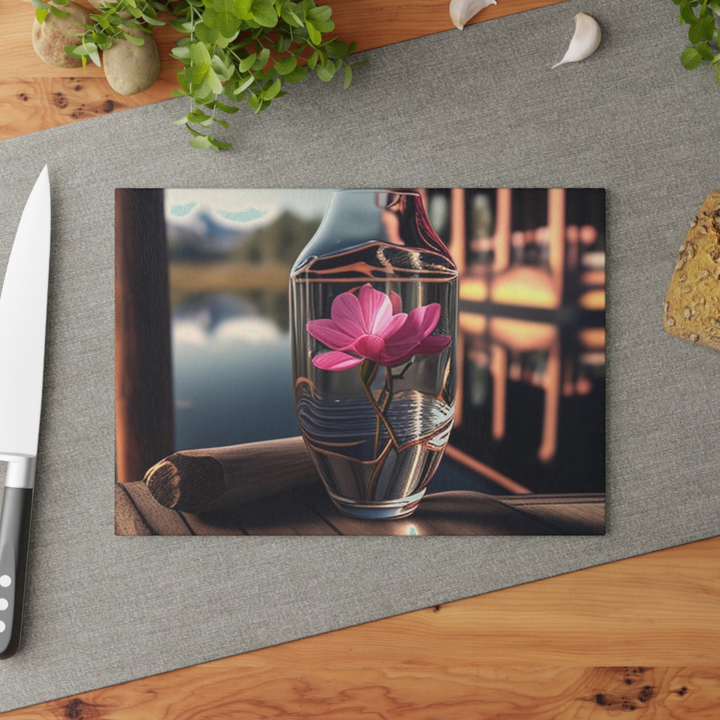 Glass Cutting Board Magnolia in a Glass vase 3