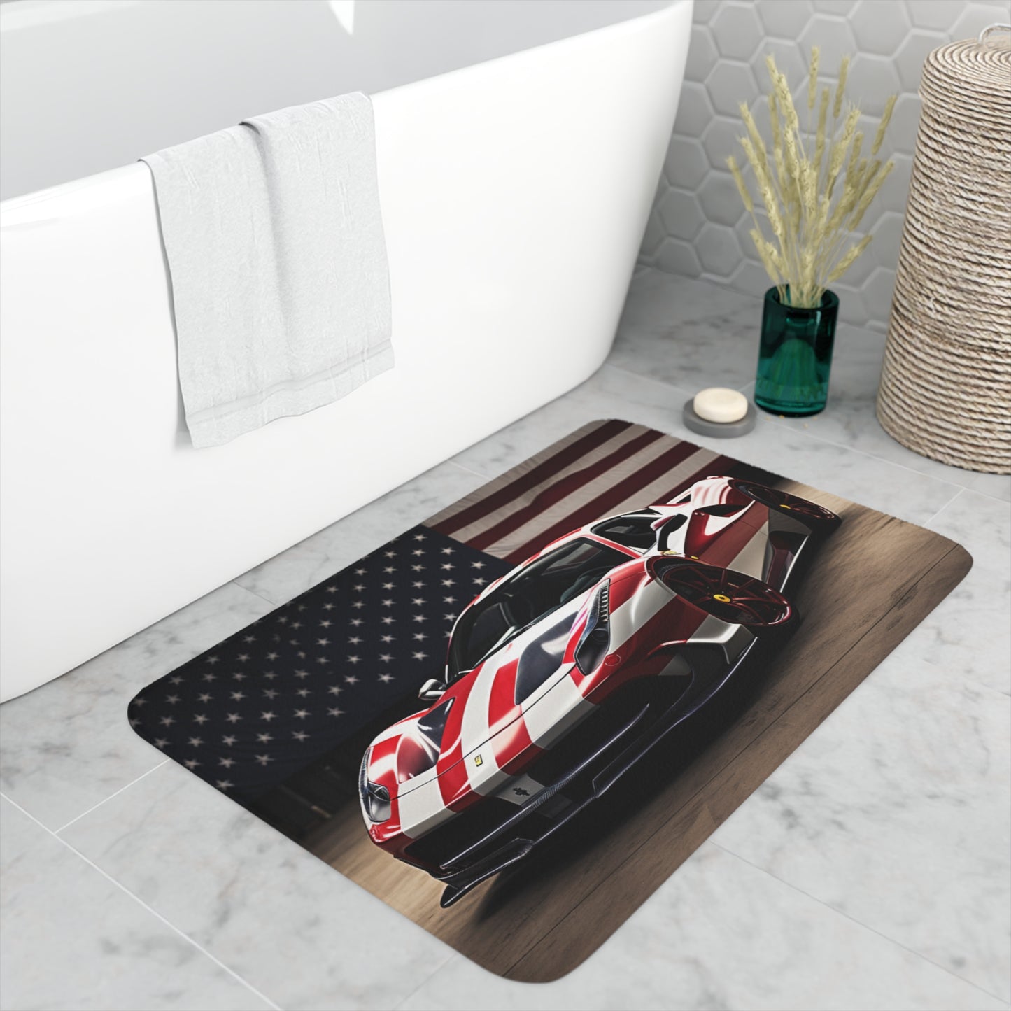 Memory Foam Bath Mat American Flag Background Ferrari 2