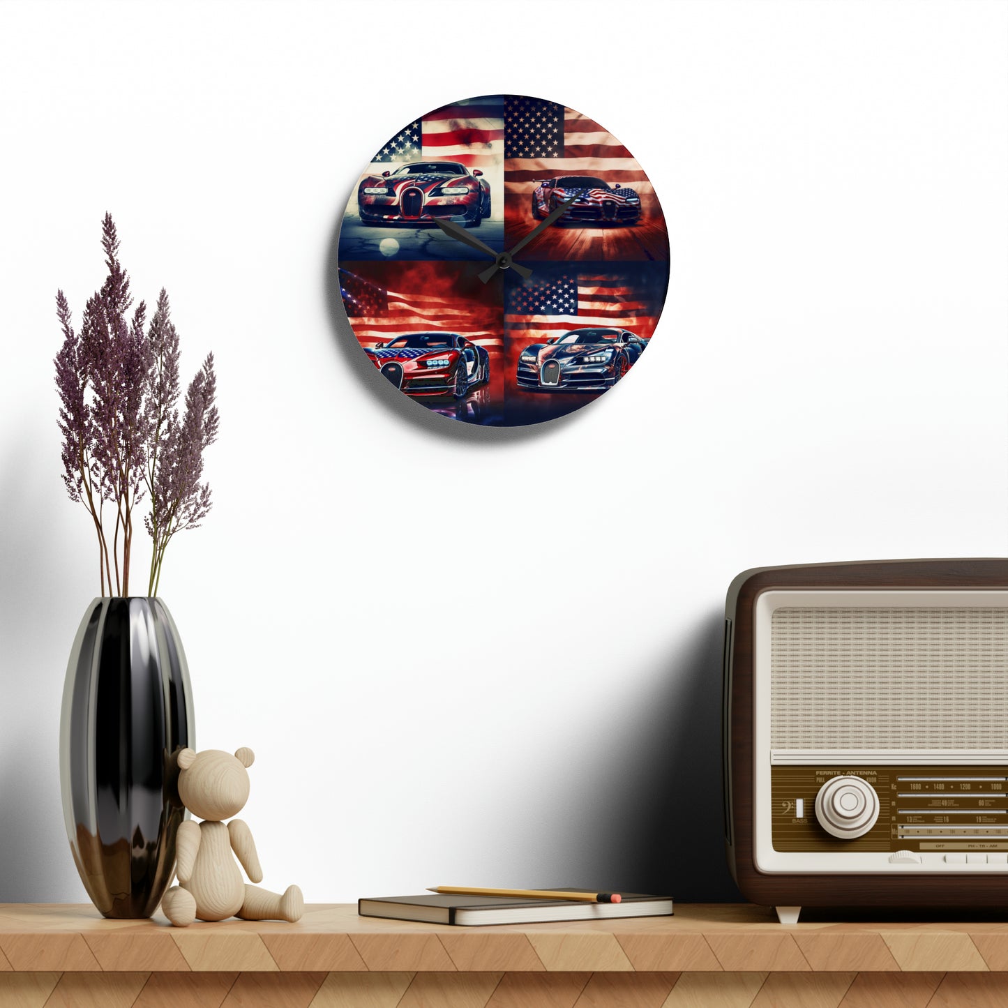 Acrylic Wall Clock Abstract American Flag Background Bugatti 5