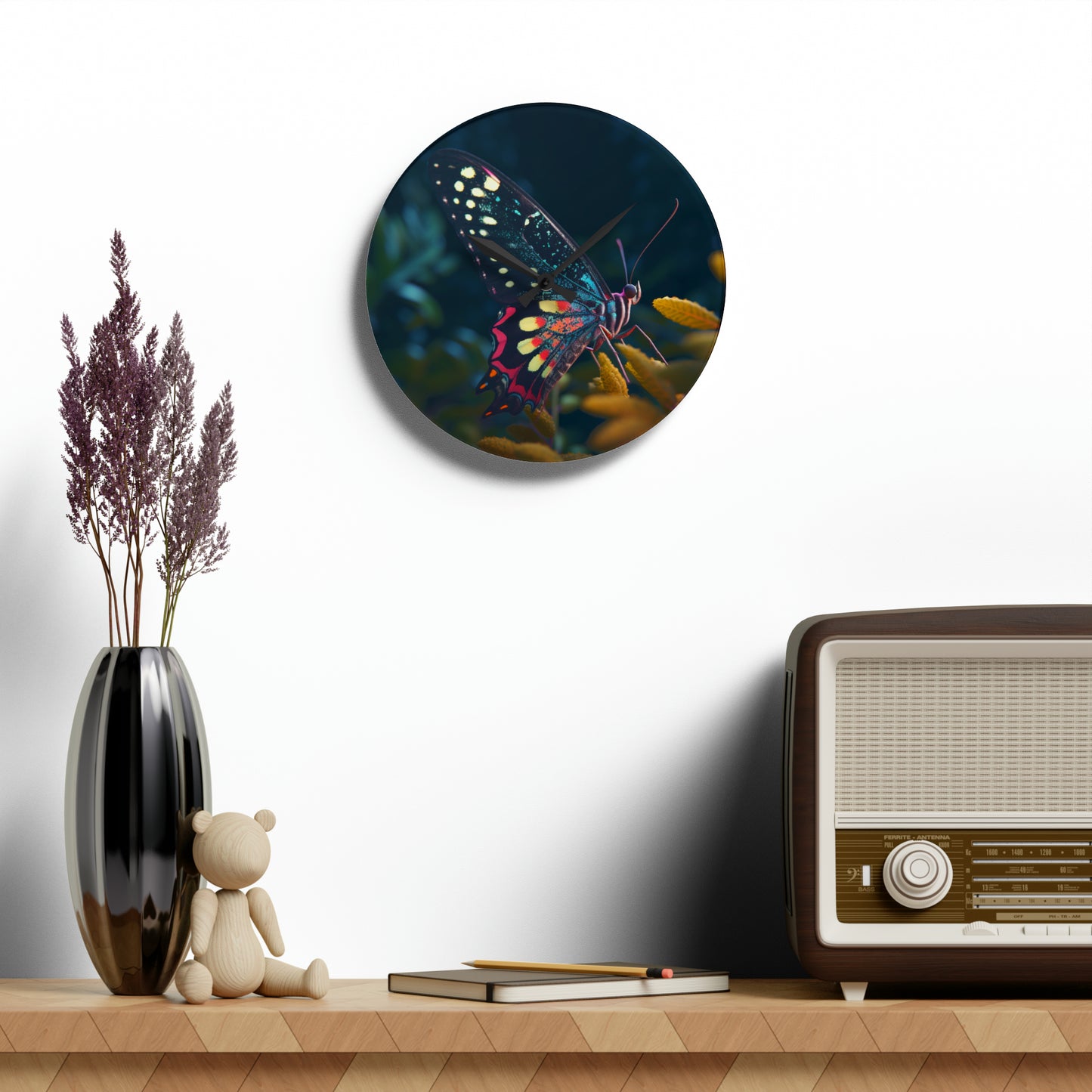 Acrylic Wall Clock Hyper Colorful Butterfly Macro 2