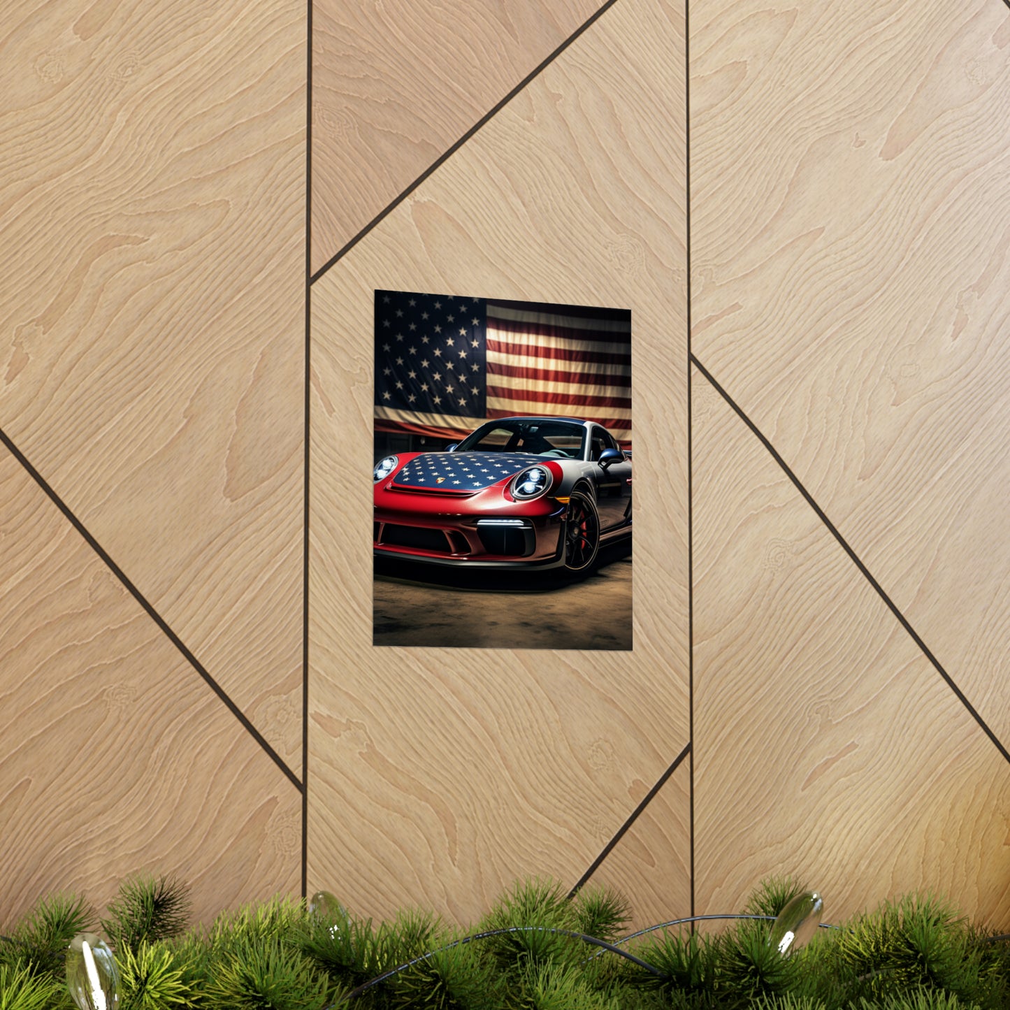 Premium Matte Vertical Posters American Flag Background Porsche 1