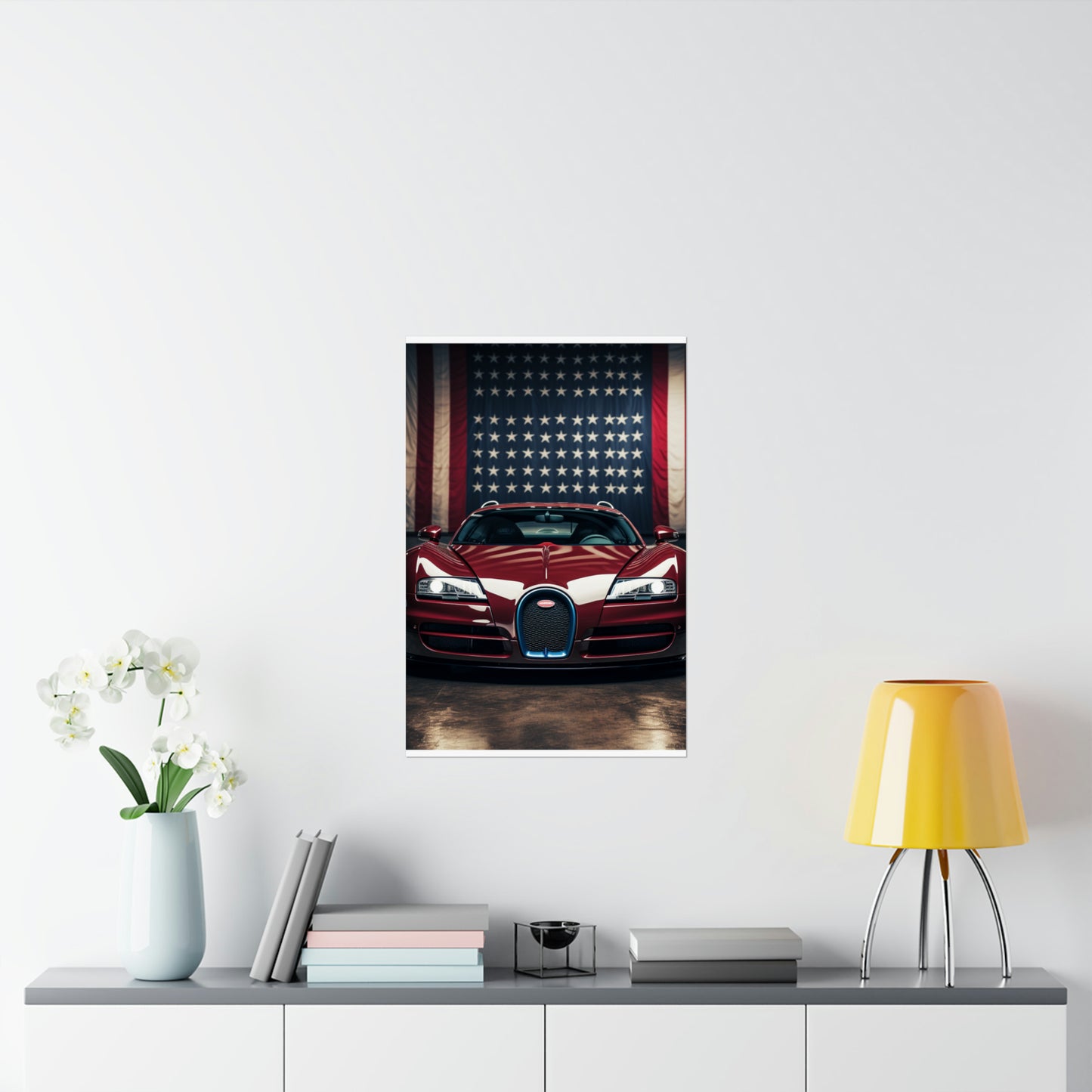 Premium Matte Vertical Posters American Flag Background Bugatti 1