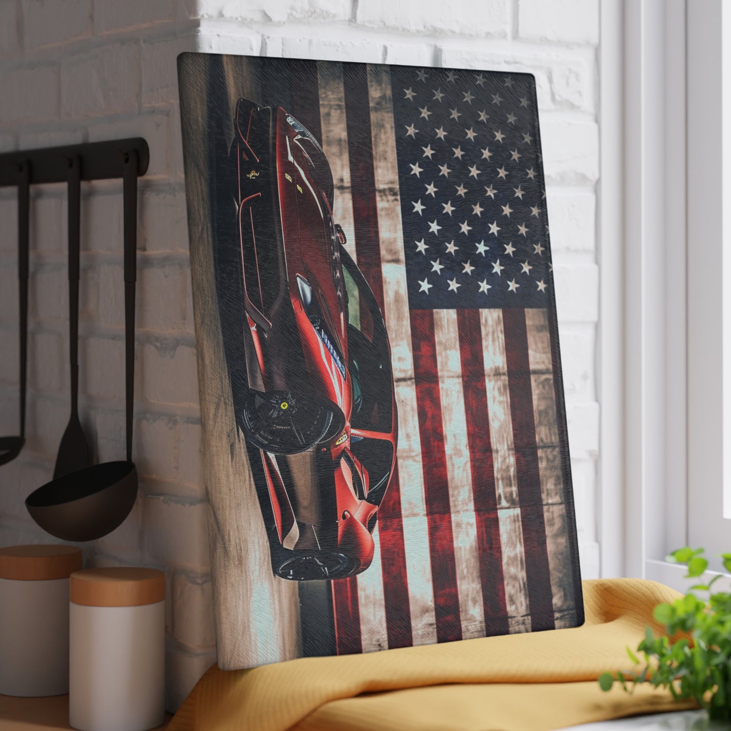 Glass Cutting Board American Flag Background Ferrari 4