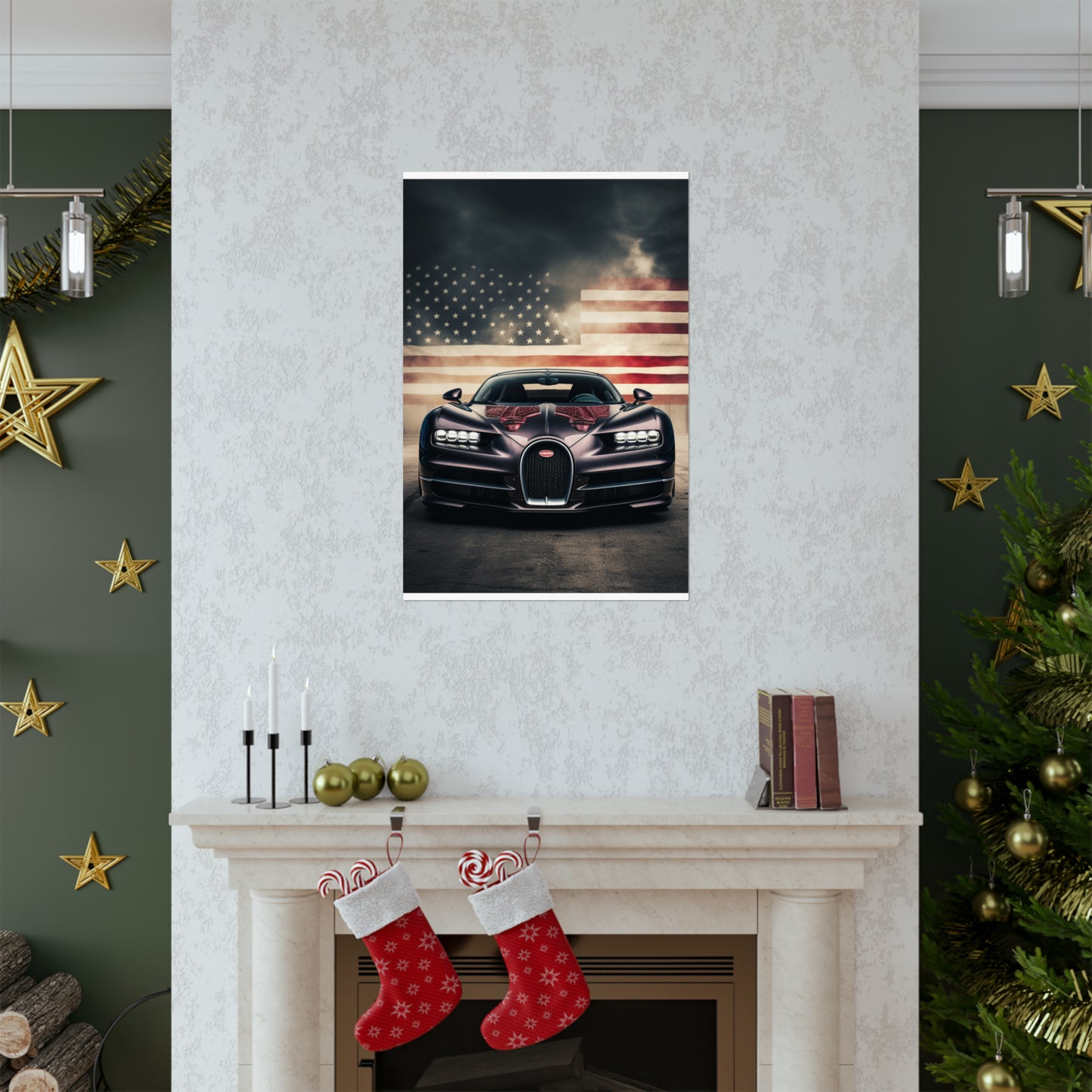 Premium Matte Vertical Posters American Flag Background Bugatti 2