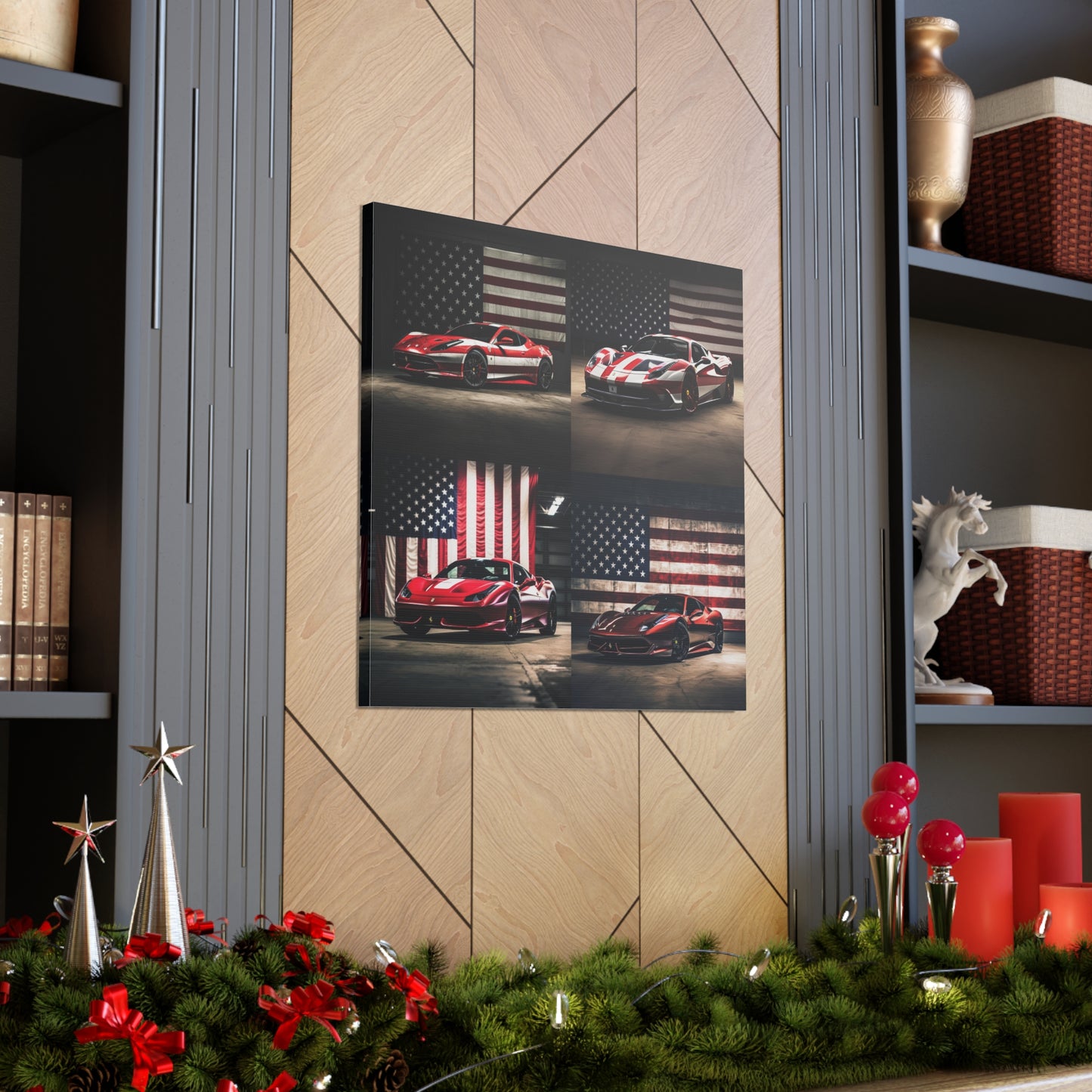 Canvas Gallery Wraps American Flag Background Ferrari 5