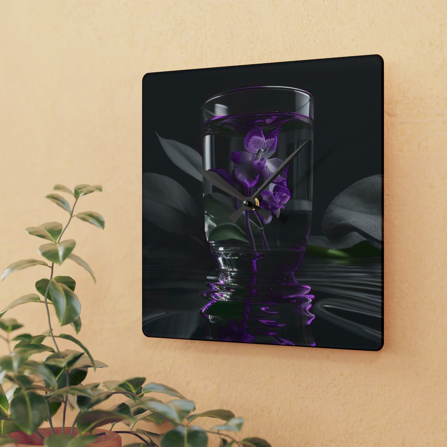 Acrylic Wall Clock Purple Orchid Glass vase 1