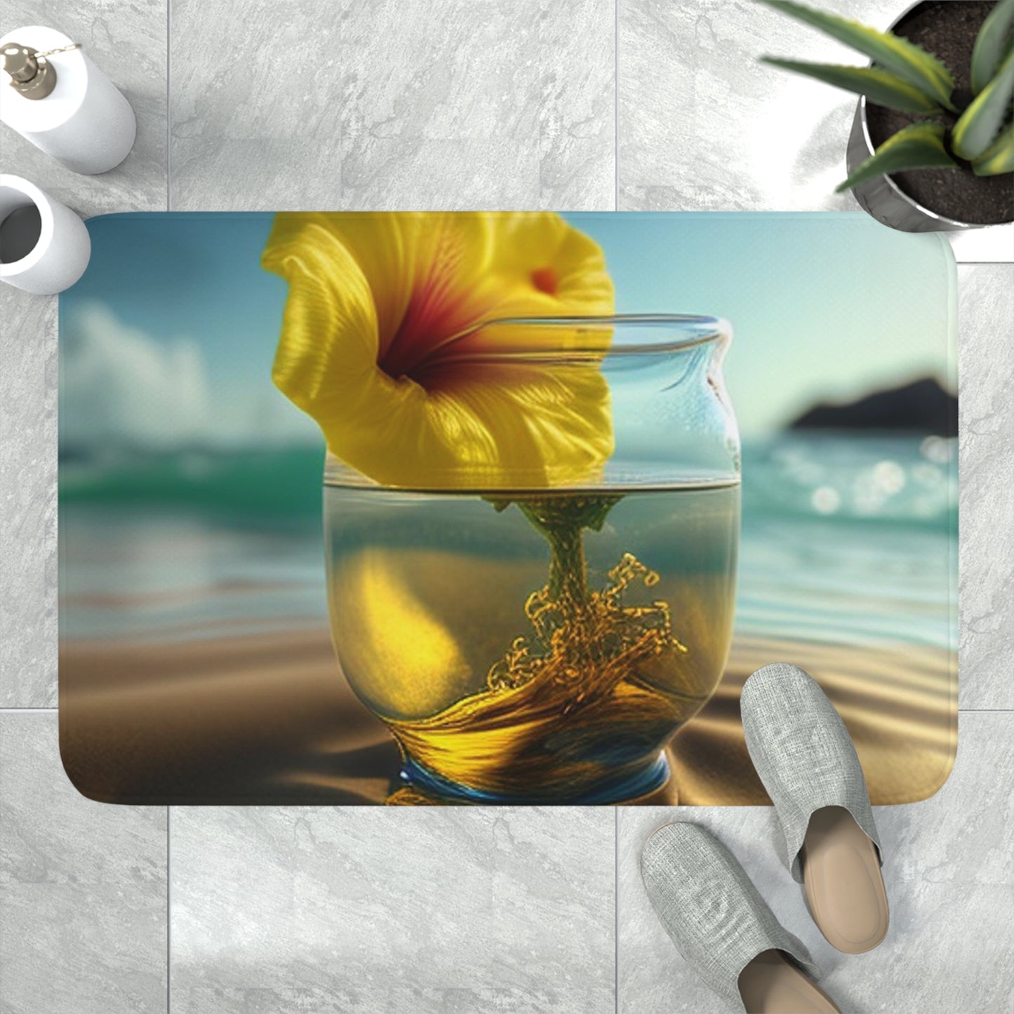 Memory Foam Bath Mat Yellow Hibiscus glass 1