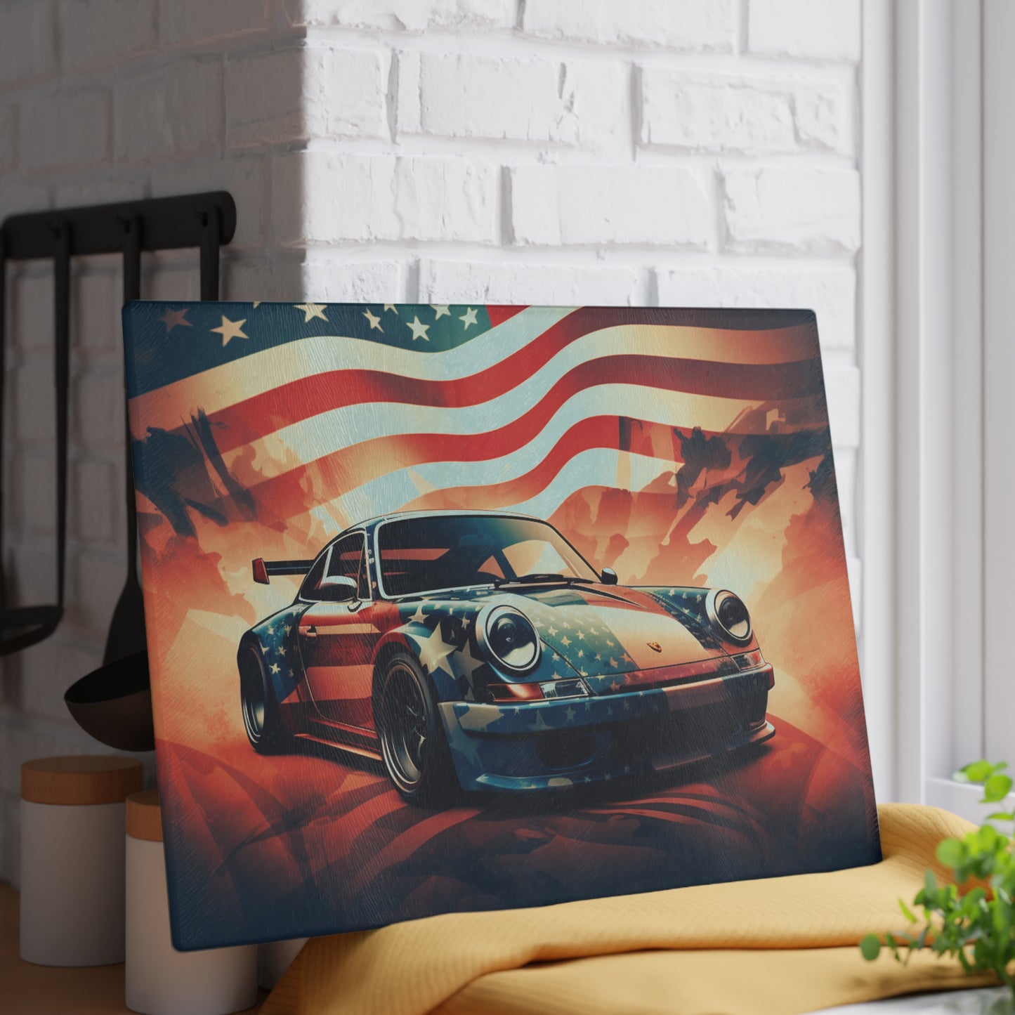 Glass Cutting Board Abstract American Flag Background Porsche 4