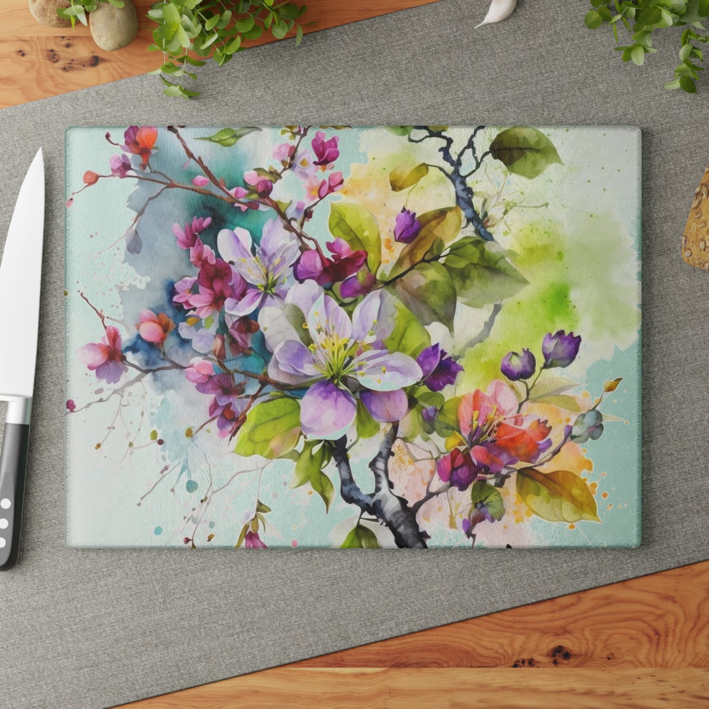 Glass Cutting Board Mother Nature Bright Spring Colors Realistic Watercolor 4