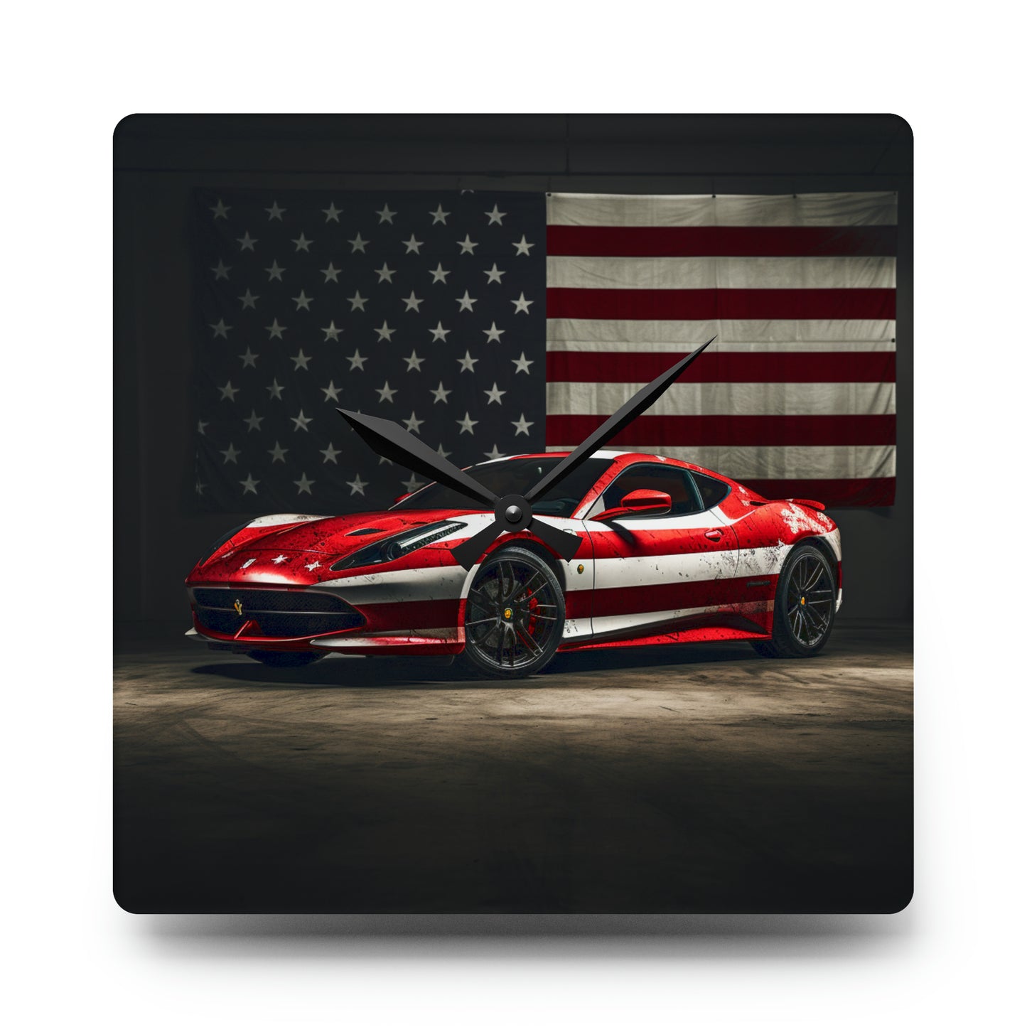 Acrylic Wall Clock American Flag Background Ferrari 1