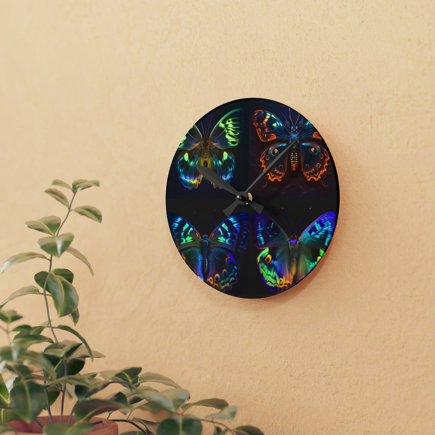 Acrylic Wall Clock Neon Hue Butterfly 5