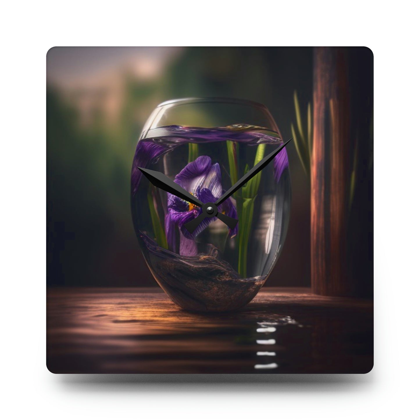 Acrylic Wall Clock Purple Iris in a vase 4