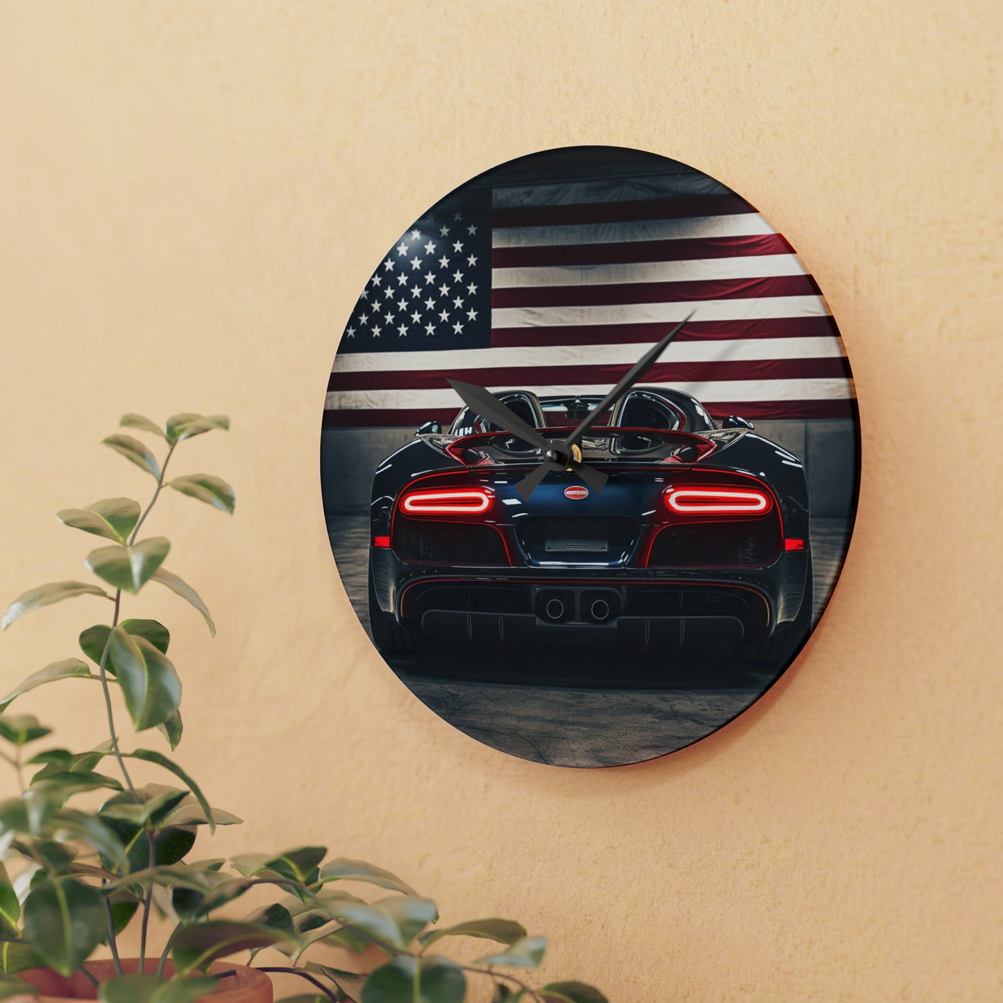 Acrylic Wall Clock American Flag Background Bugatti 4