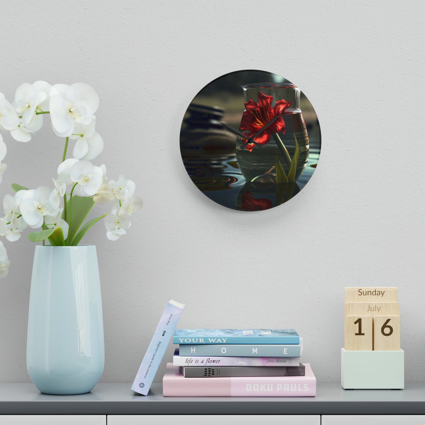 Acrylic Wall Clock Red Lily in a Glass vase 4