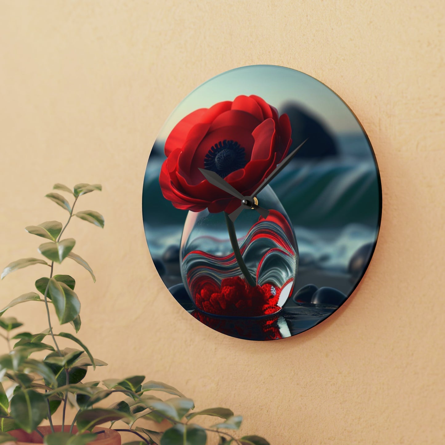 Acrylic Wall Clock Red Anemone in a Vase 1