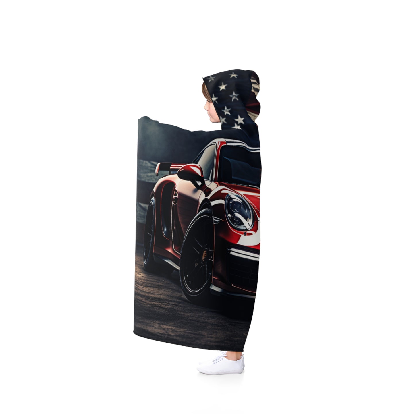 Hooded Blanket American Flag Background Porsche 2