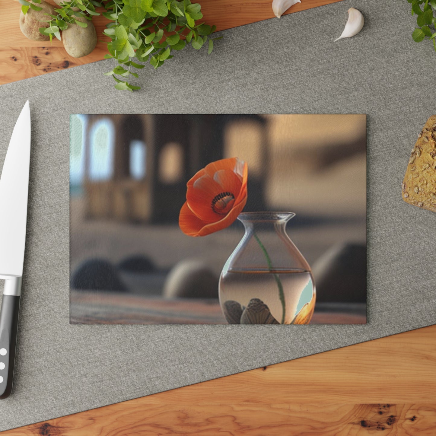 Glass Cutting Board Poppy in a Glass Vase 1