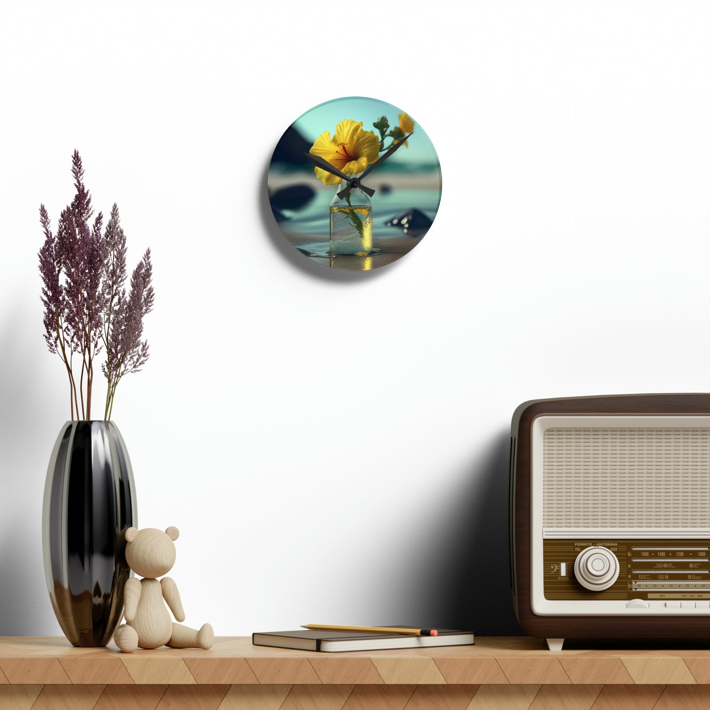 Acrylic Wall Clock Yellow Hibiscus glass 3