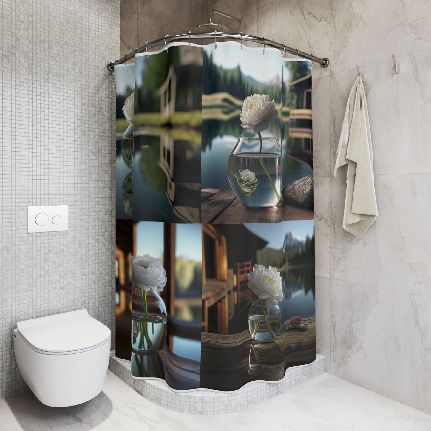 Polyester Shower Curtain White Peony glass vase 5