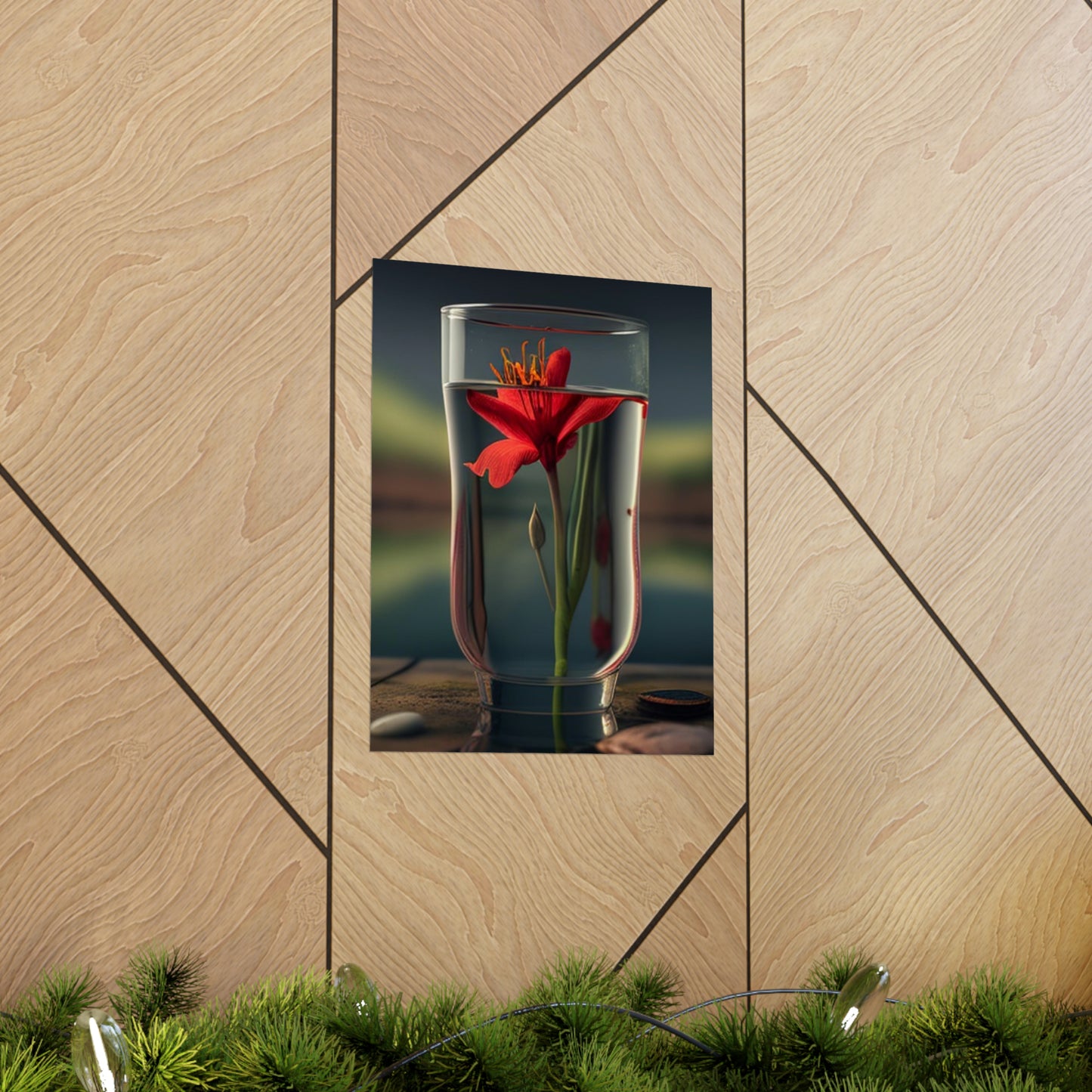 Premium Matte Vertical Posters Red Lily in a Glass vase 1