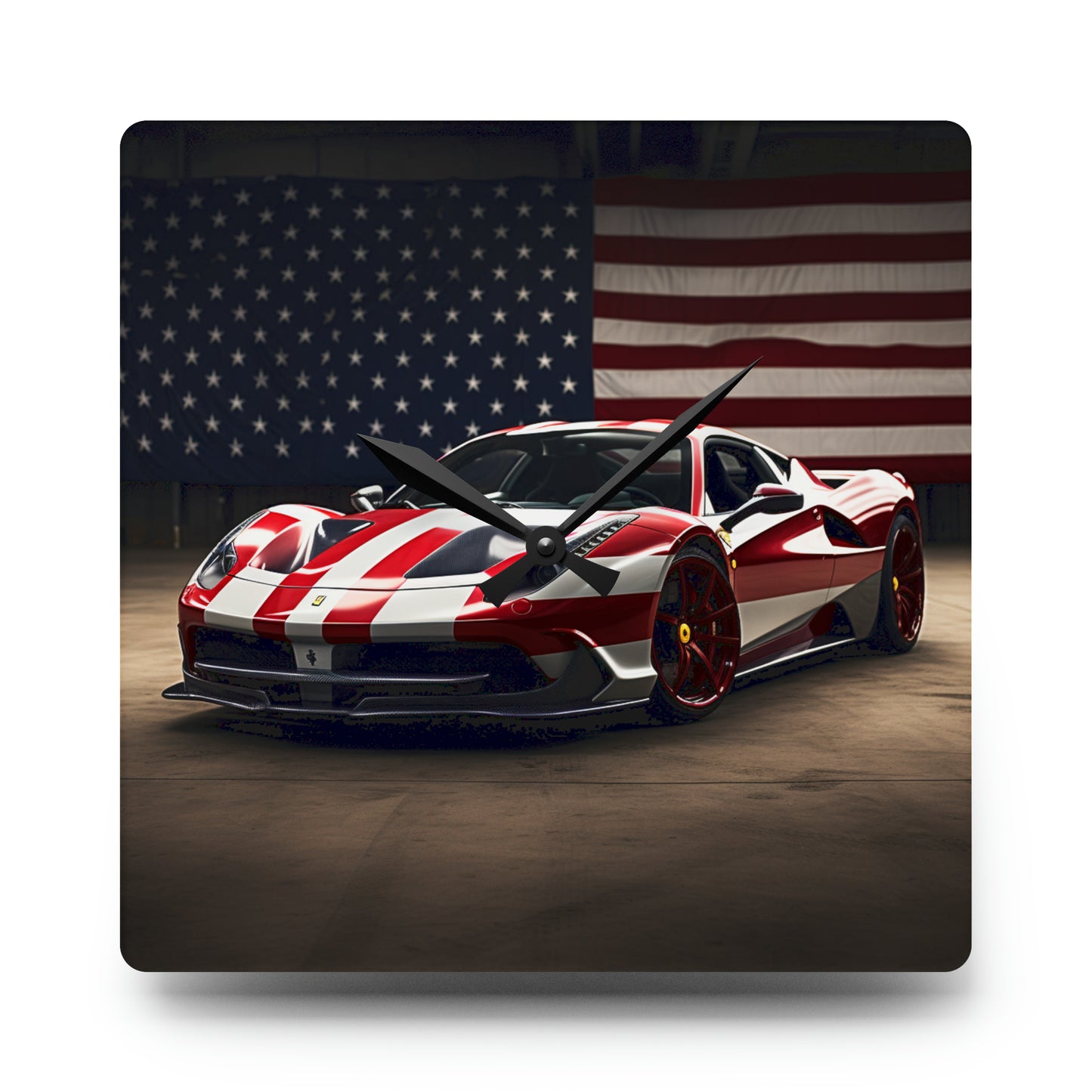 Acrylic Wall Clock American Flag Background Ferrari 2