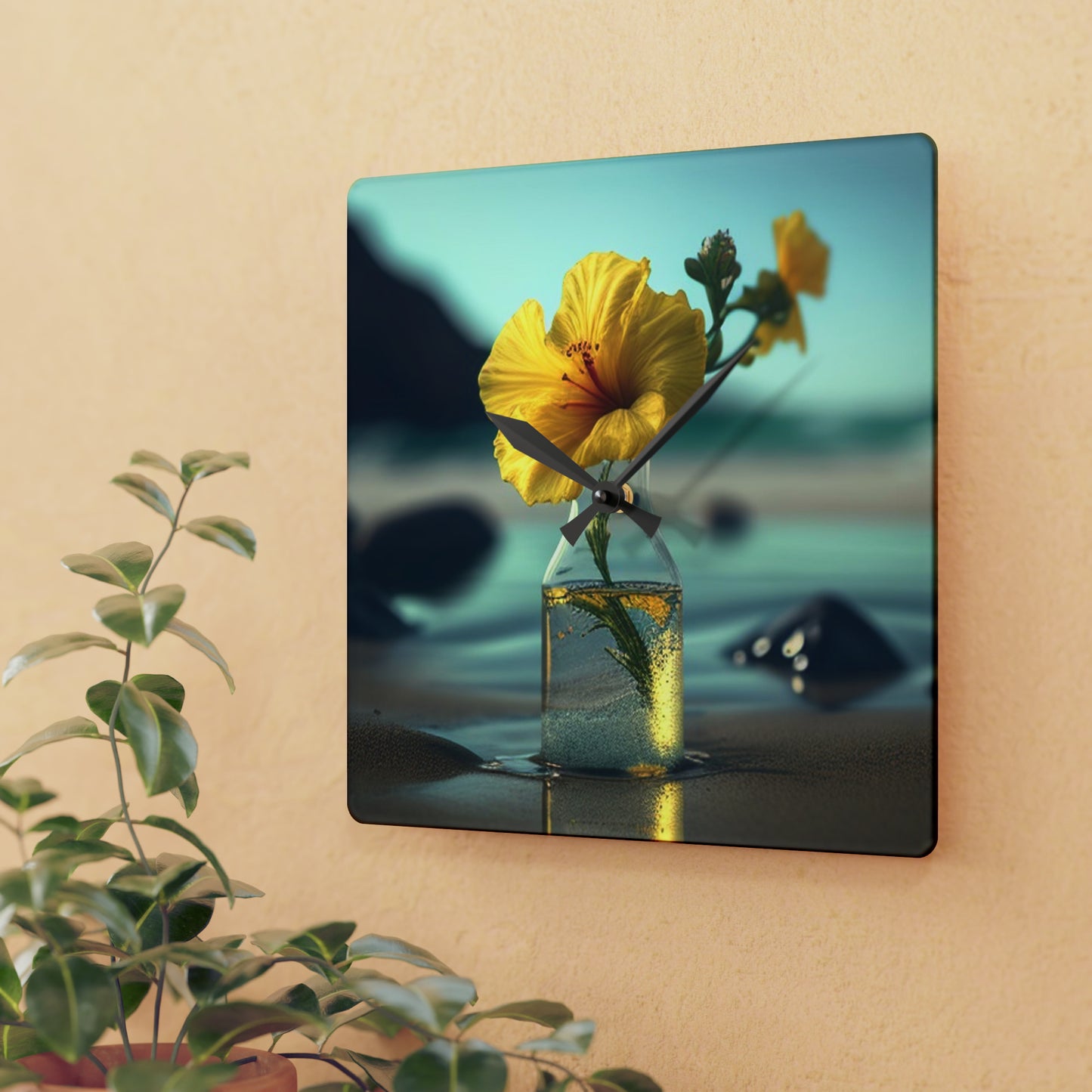 Acrylic Wall Clock Yellow Hibiscus glass 3