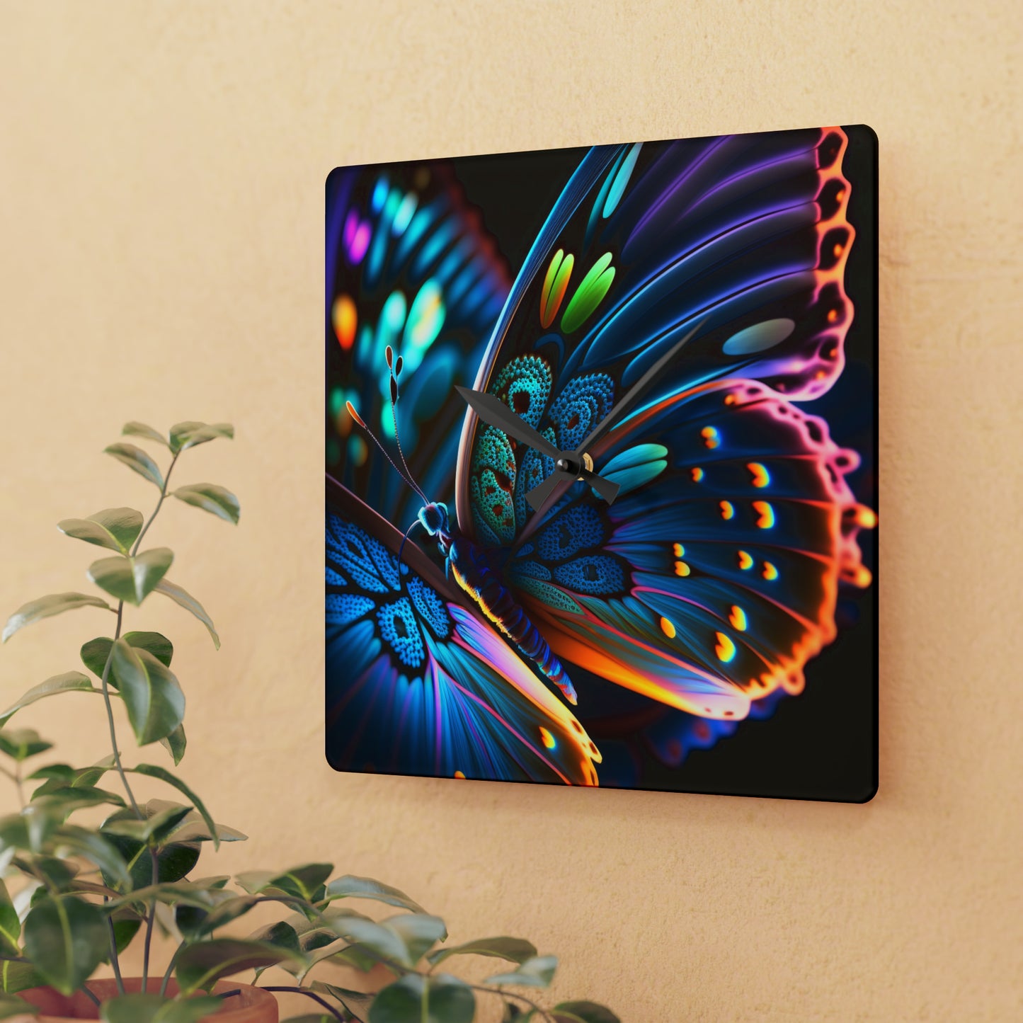 Acrylic Wall Clock Neon Butterfly Macro 2