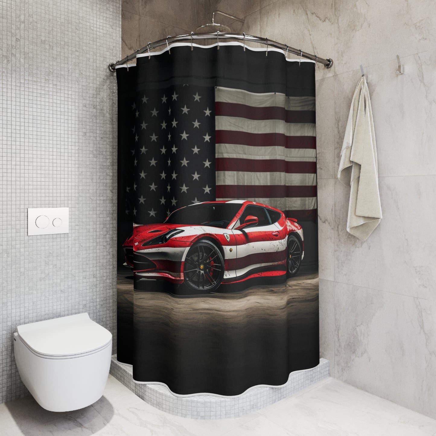 Polyester Shower Curtain American Flag Background Ferrari 1