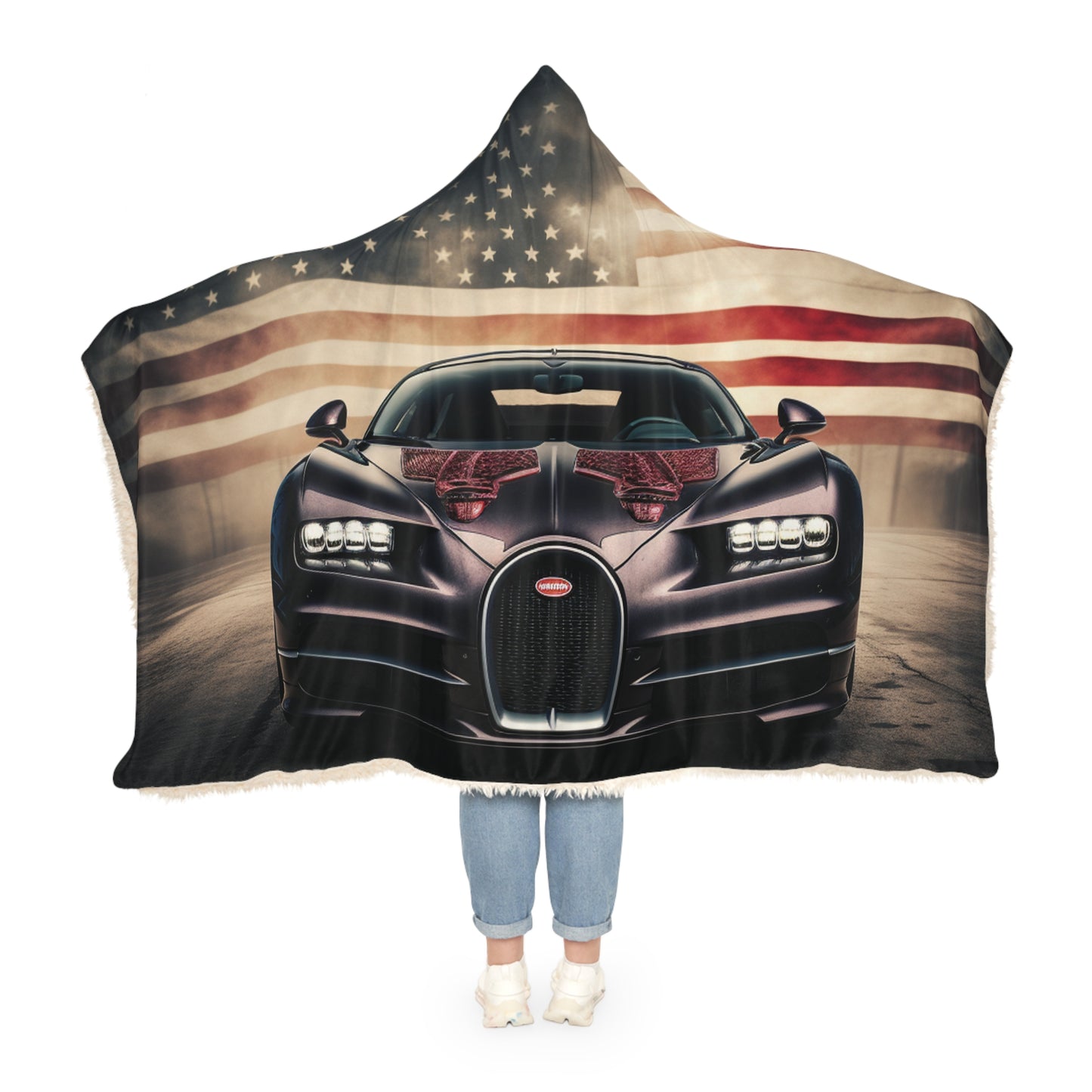 Snuggle Hooded Blanket American Flag Background Bugatti 2