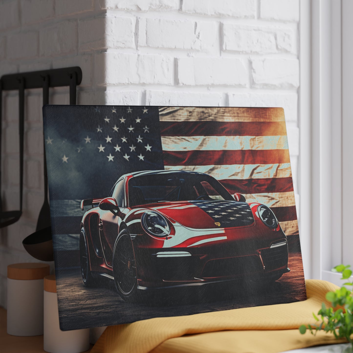 Glass Cutting Board American Flag Background Porsche 2