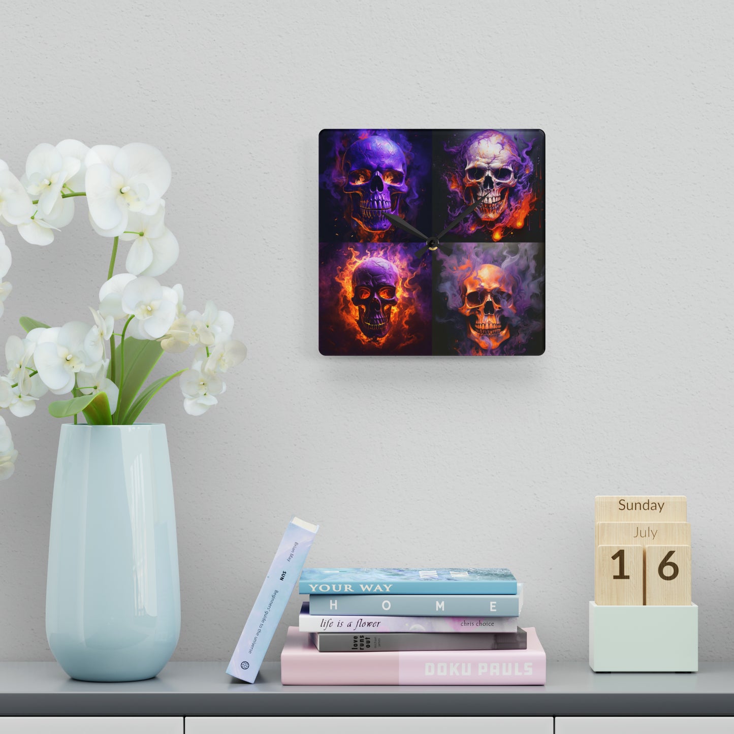 Acrylic Wall Clock Skull Flames 5