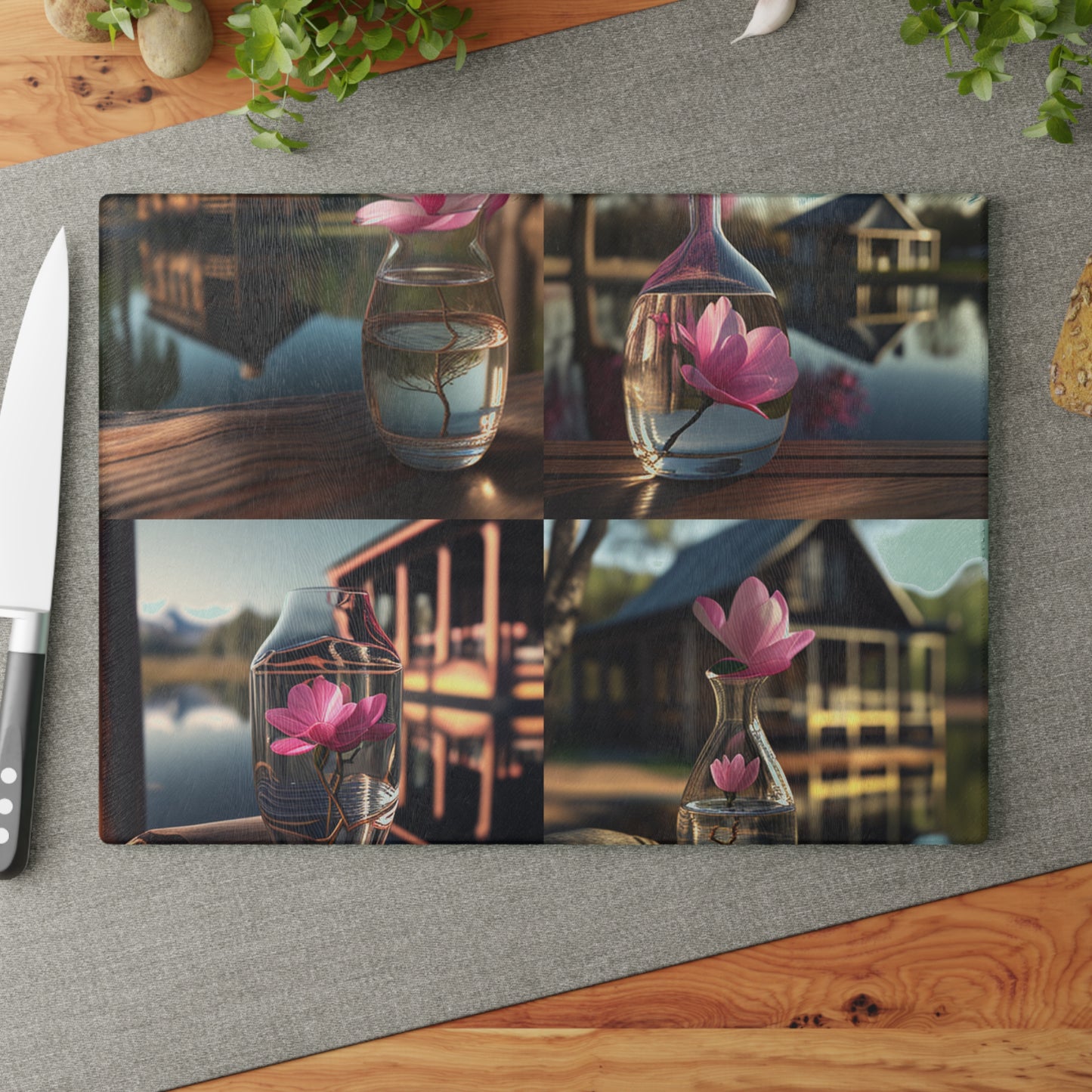 Glass Cutting Board Magnolia in a Glass vase 5