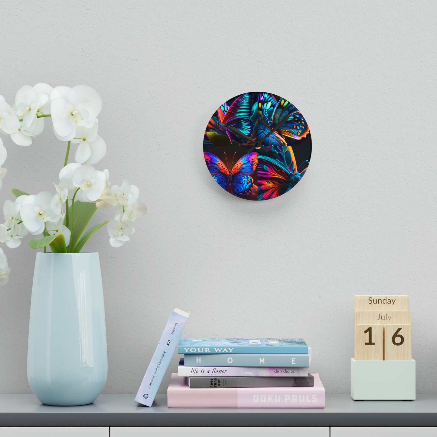 Acrylic Wall Clock Neon Butterfly Macro 5