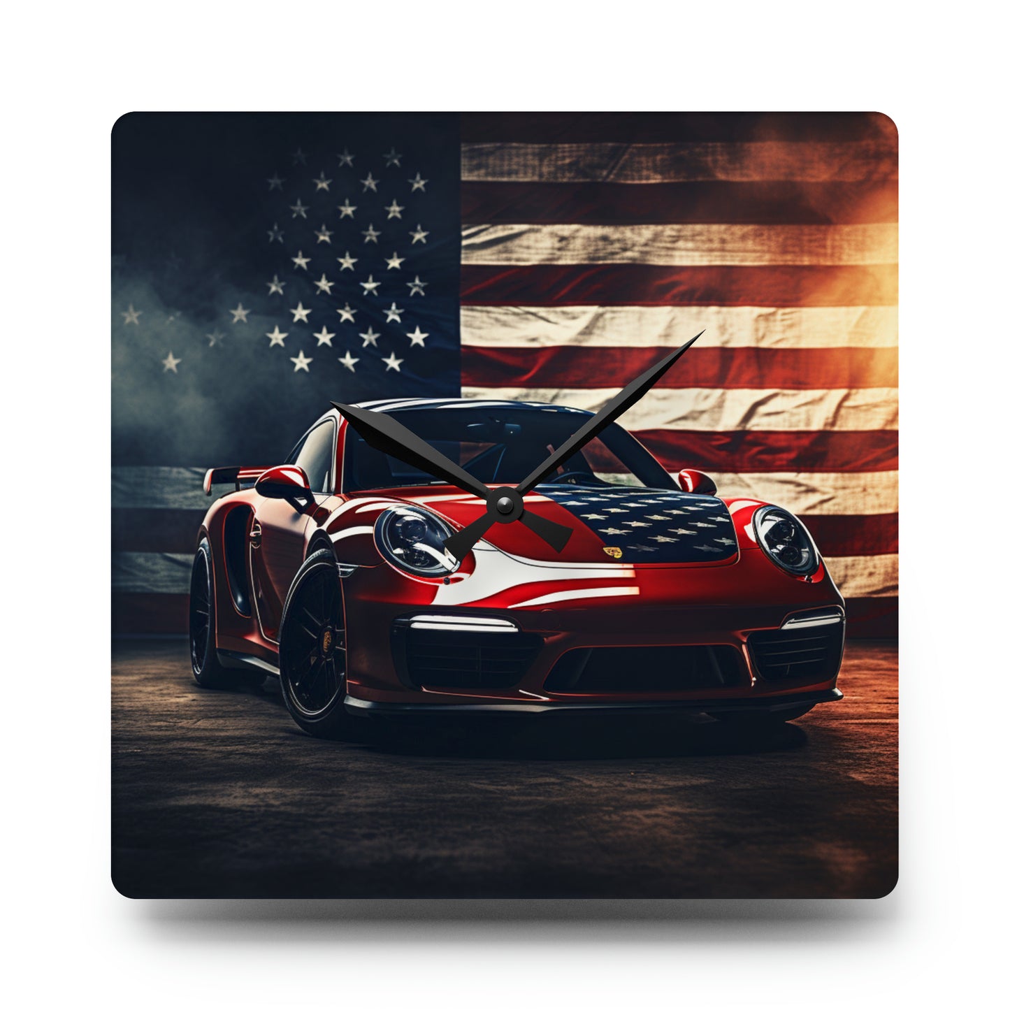 Acrylic Wall Clock American Flag Background Porsche 2