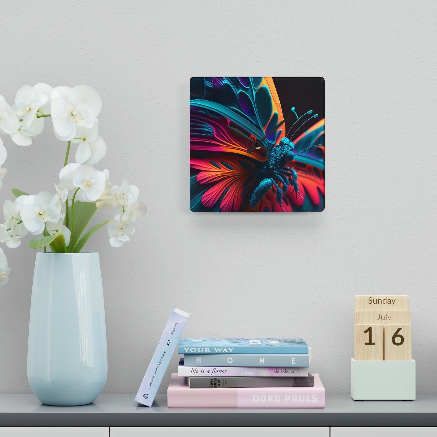 Acrylic Wall Clock Neon Butterfly Macro 4