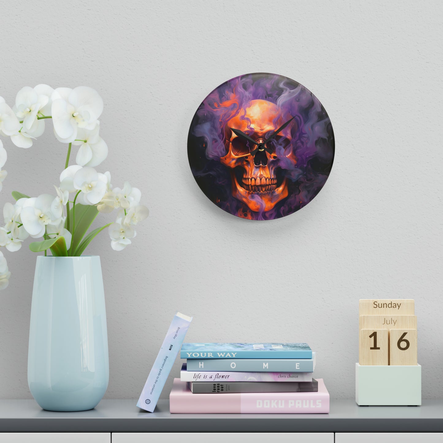 Acrylic Wall Clock Skull Flames 4