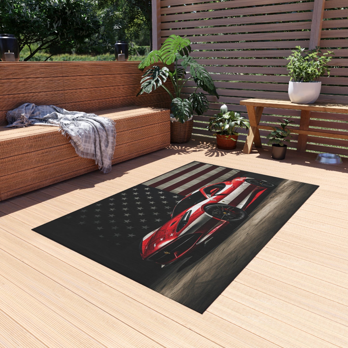 Outdoor Rug  American Flag Background Ferrari 1