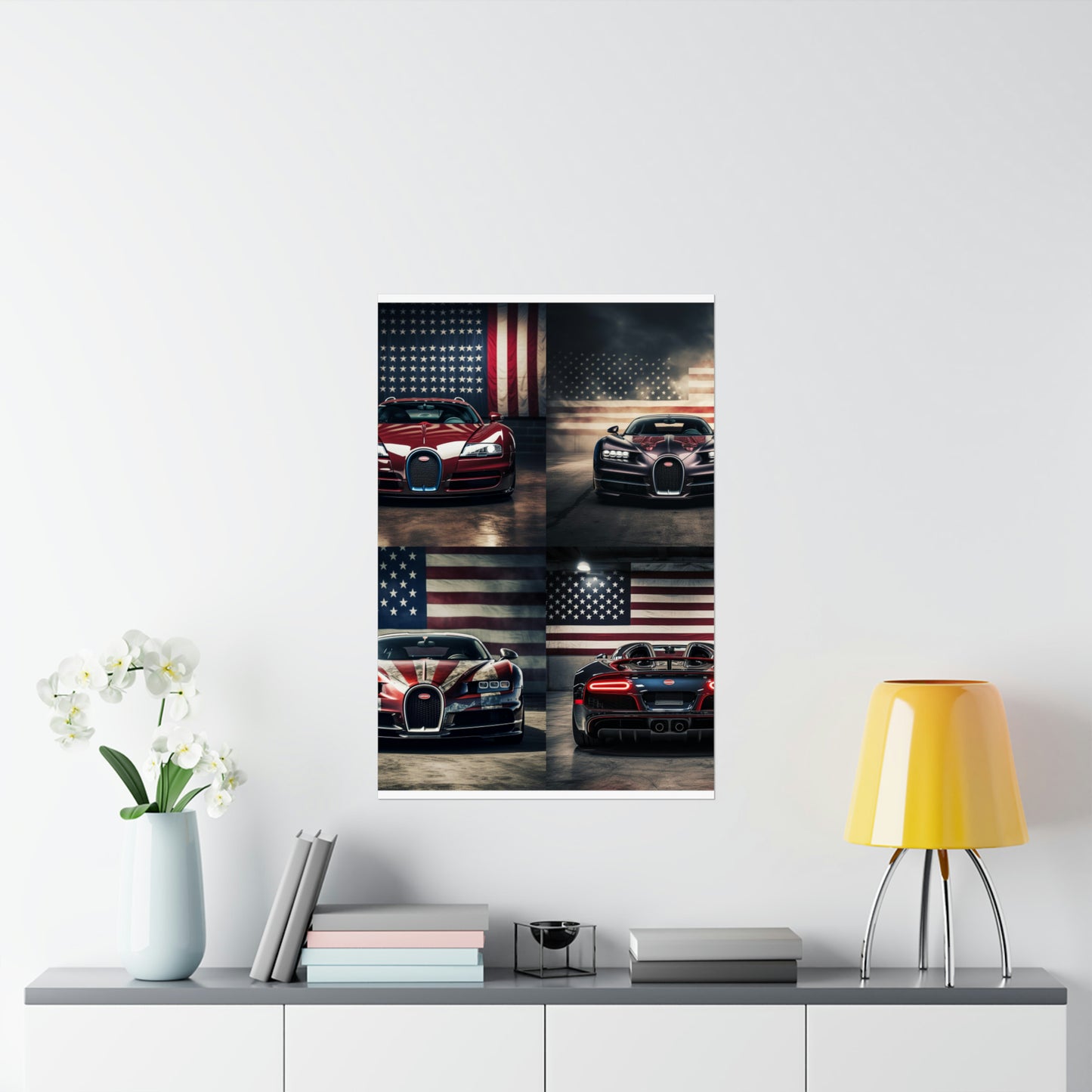 Premium Matte Vertical Posters American Flag Background Bugatti 5