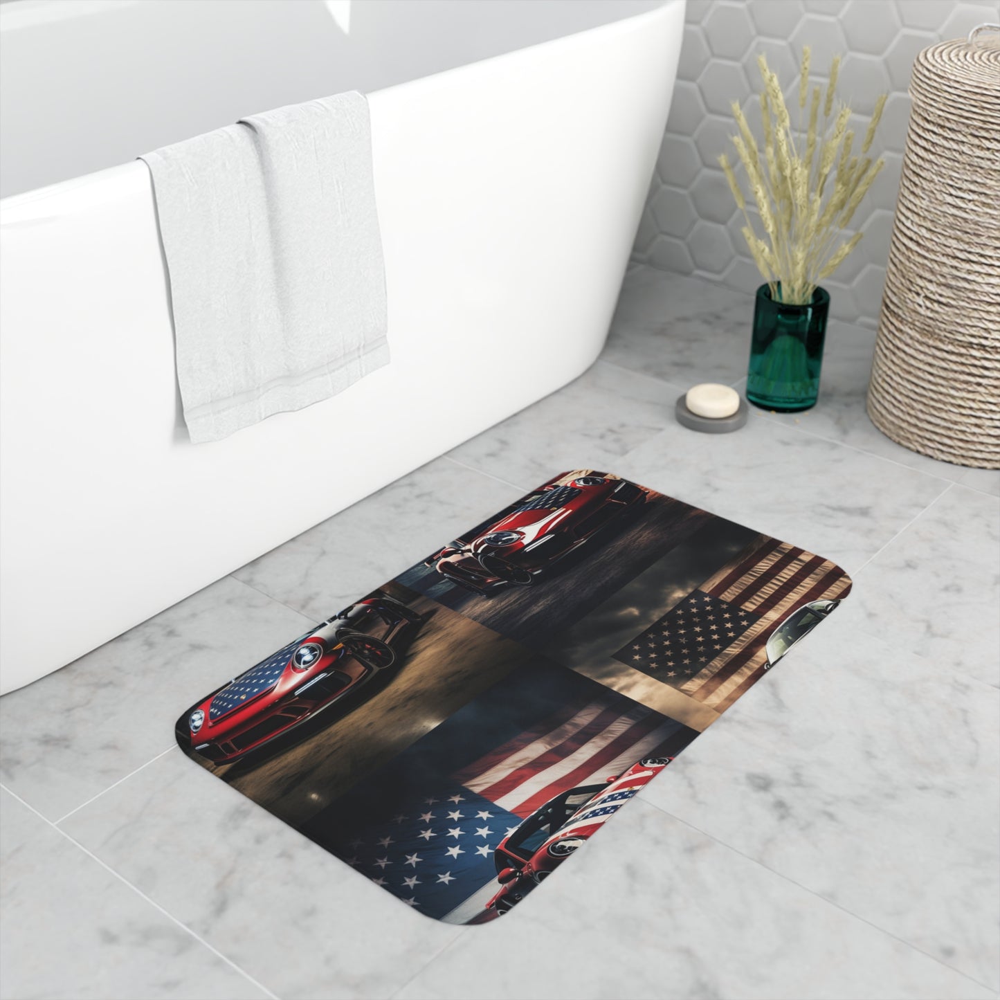 Memory Foam Bath Mat American Flag Background Porsche 5