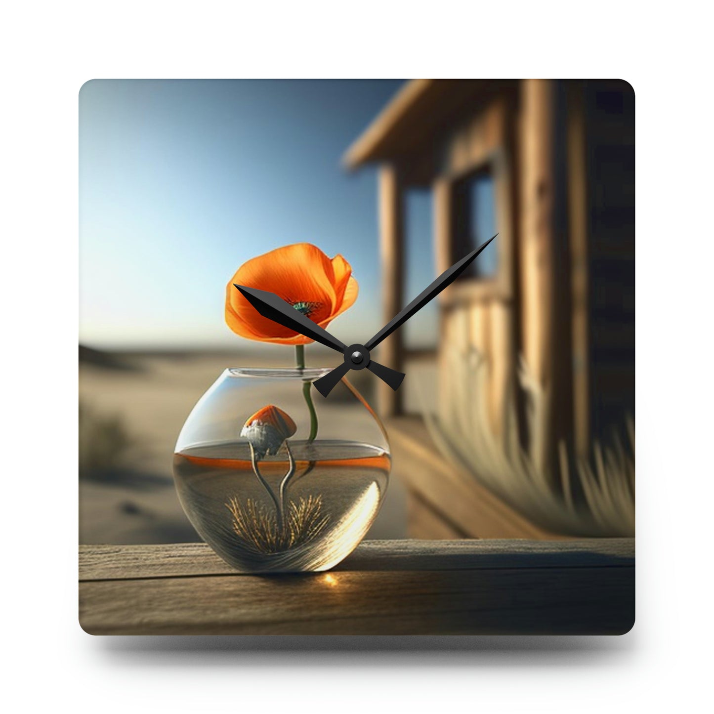 Acrylic Wall Clock Orange Poppy in a Vase 1