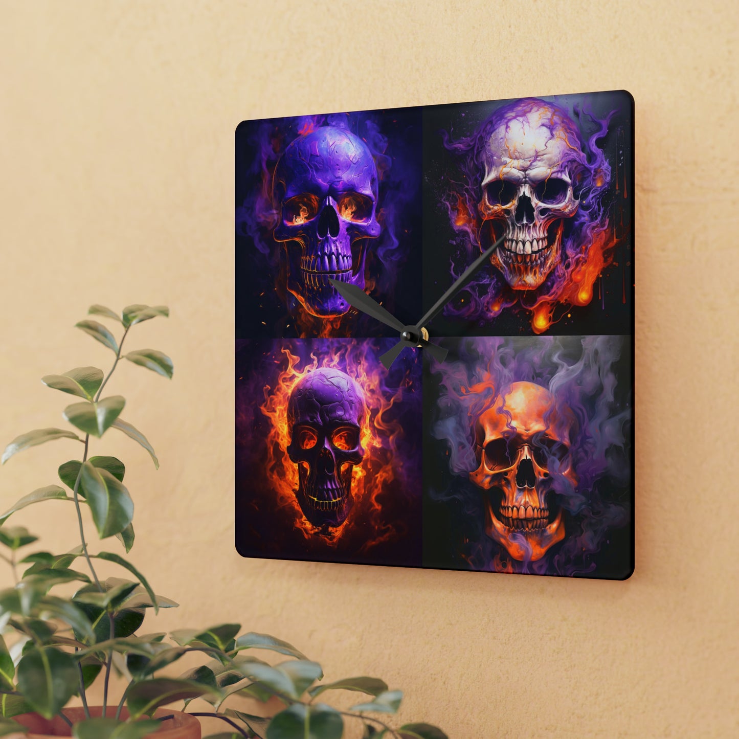 Acrylic Wall Clock Skull Flames 5