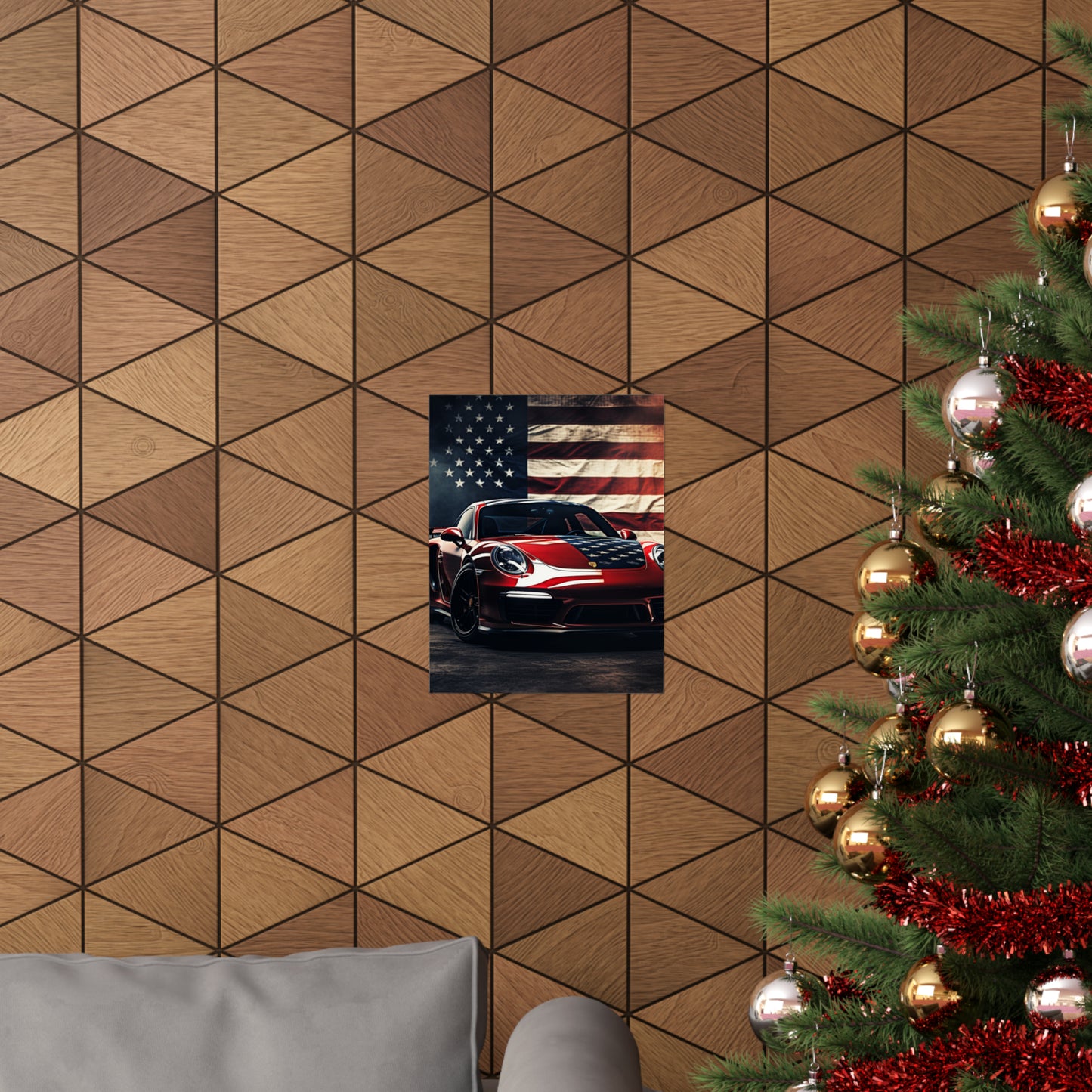 Premium Matte Vertical Posters American Flag Background Porsche 2
