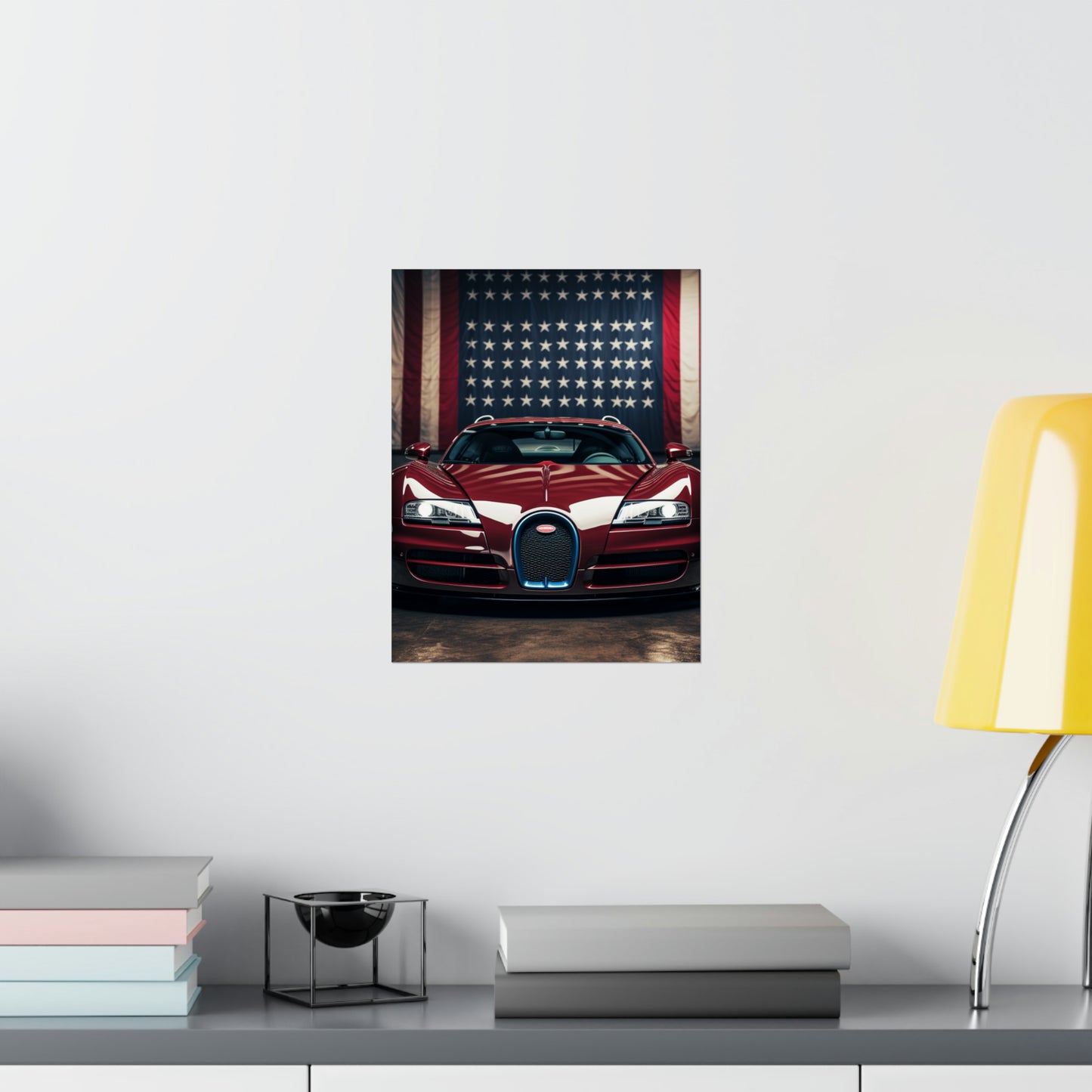 Premium Matte Vertical Posters American Flag Background Bugatti 1