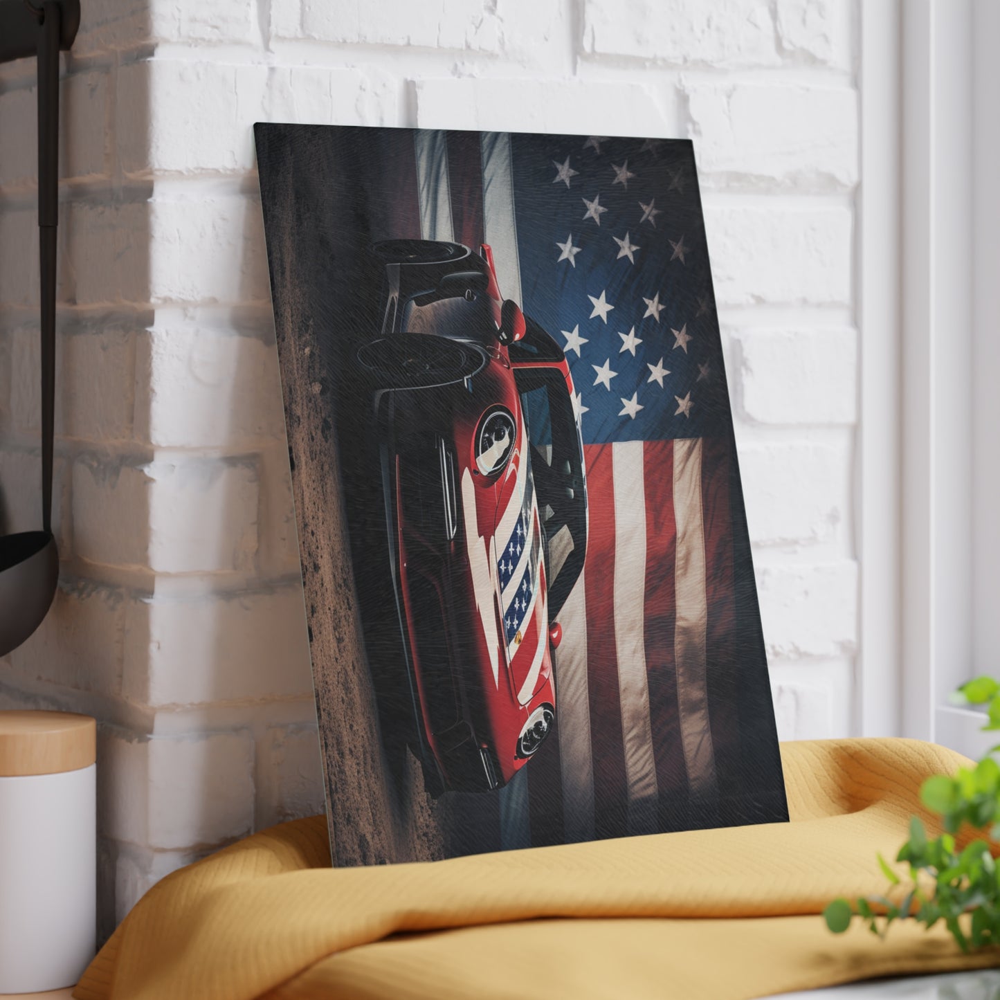 Glass Cutting Board American Flag Background Porsche 3