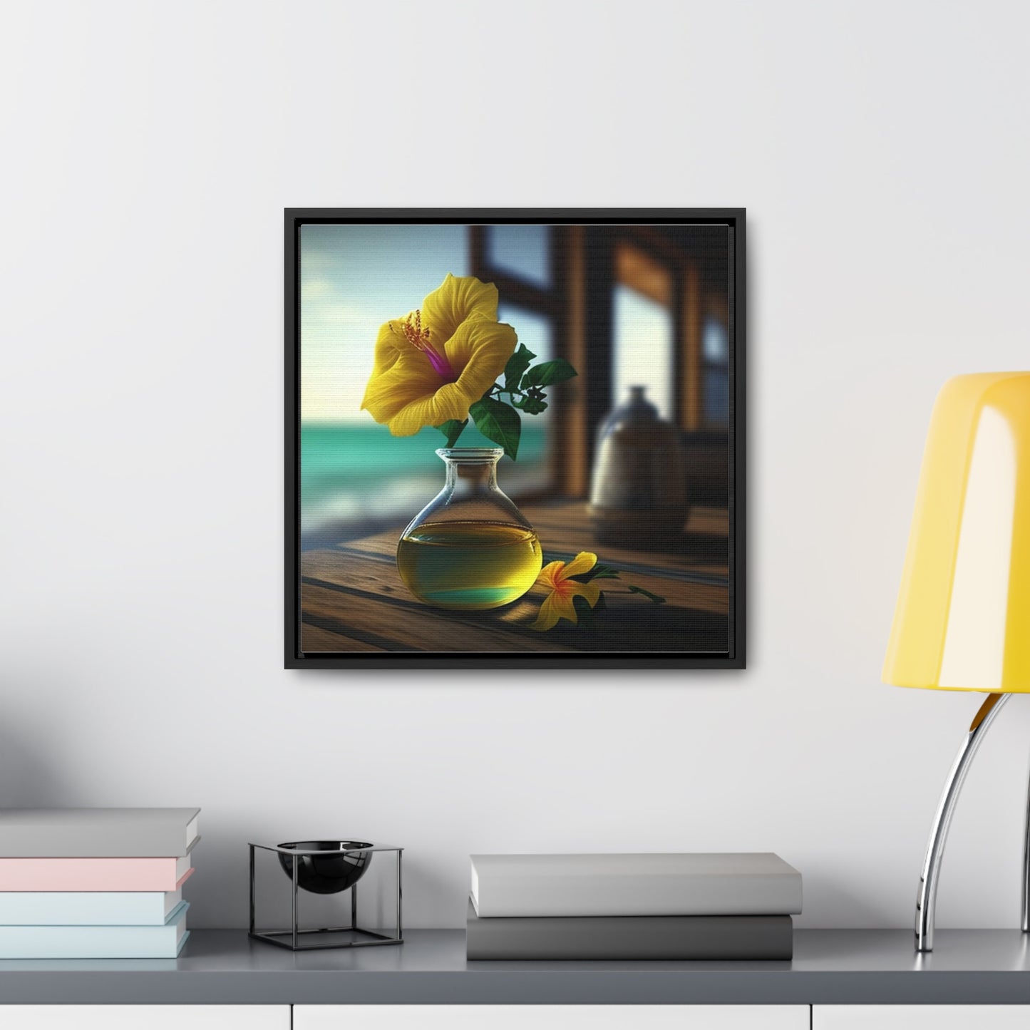 Gallery Canvas Wraps, Square Frame Yellow Hibiscus Wood 1