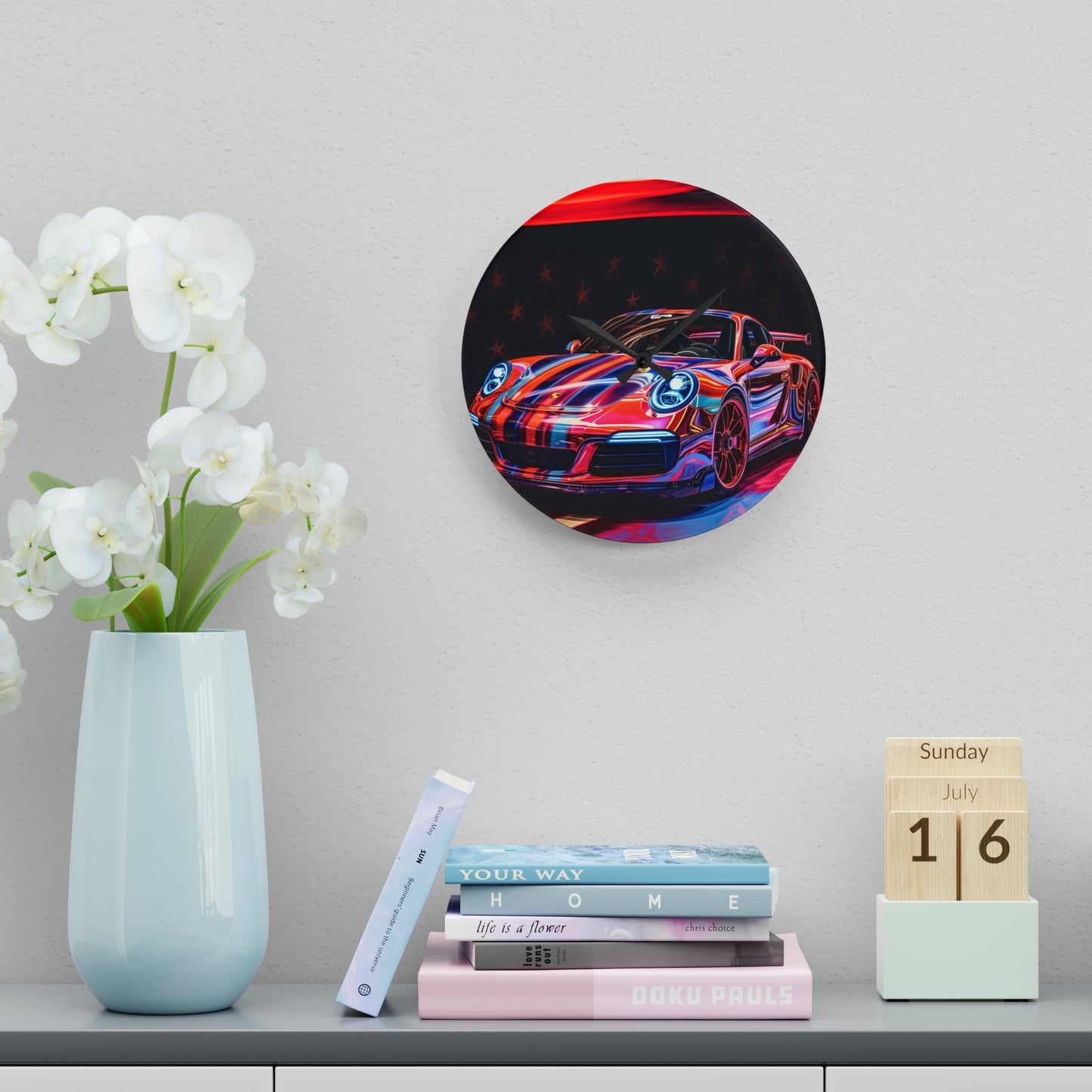 Acrylic Wall Clock American Flag Colored Porsche 2