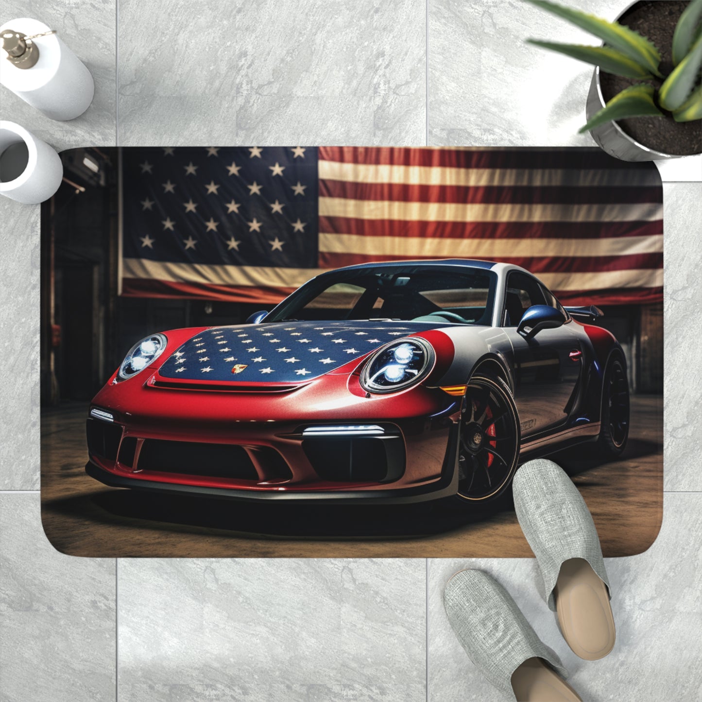 Memory Foam Bath Mat American Flag Background Porsche 1