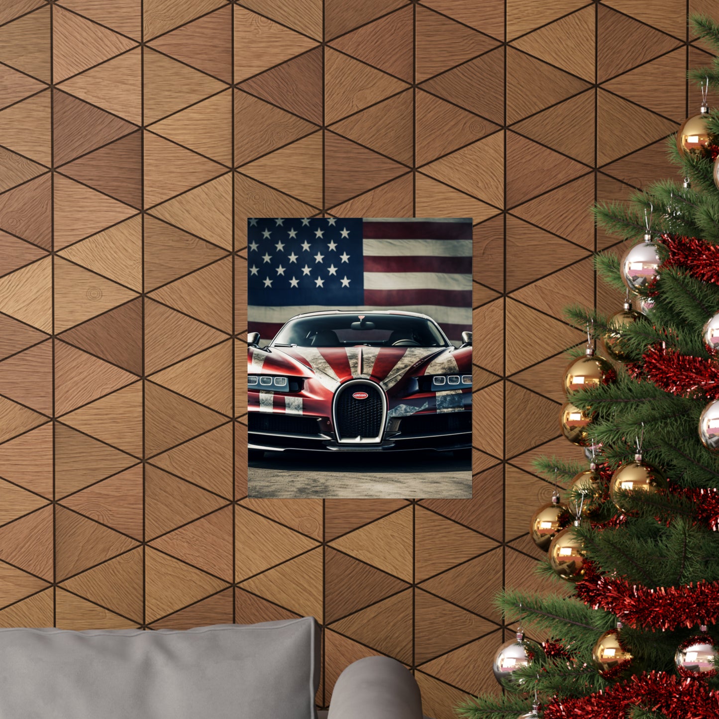 Premium Matte Vertical Posters American Flag Background Bugatti 3