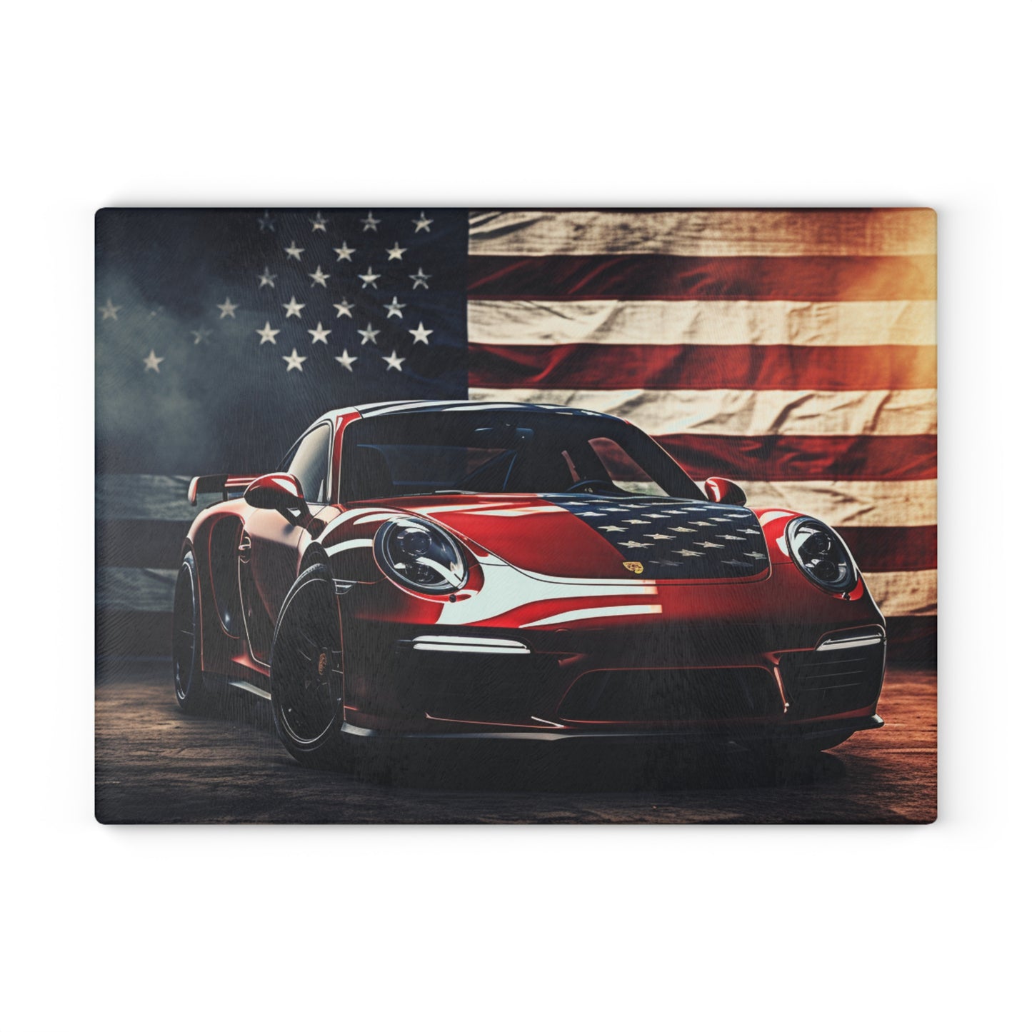 Glass Cutting Board American Flag Background Porsche 2